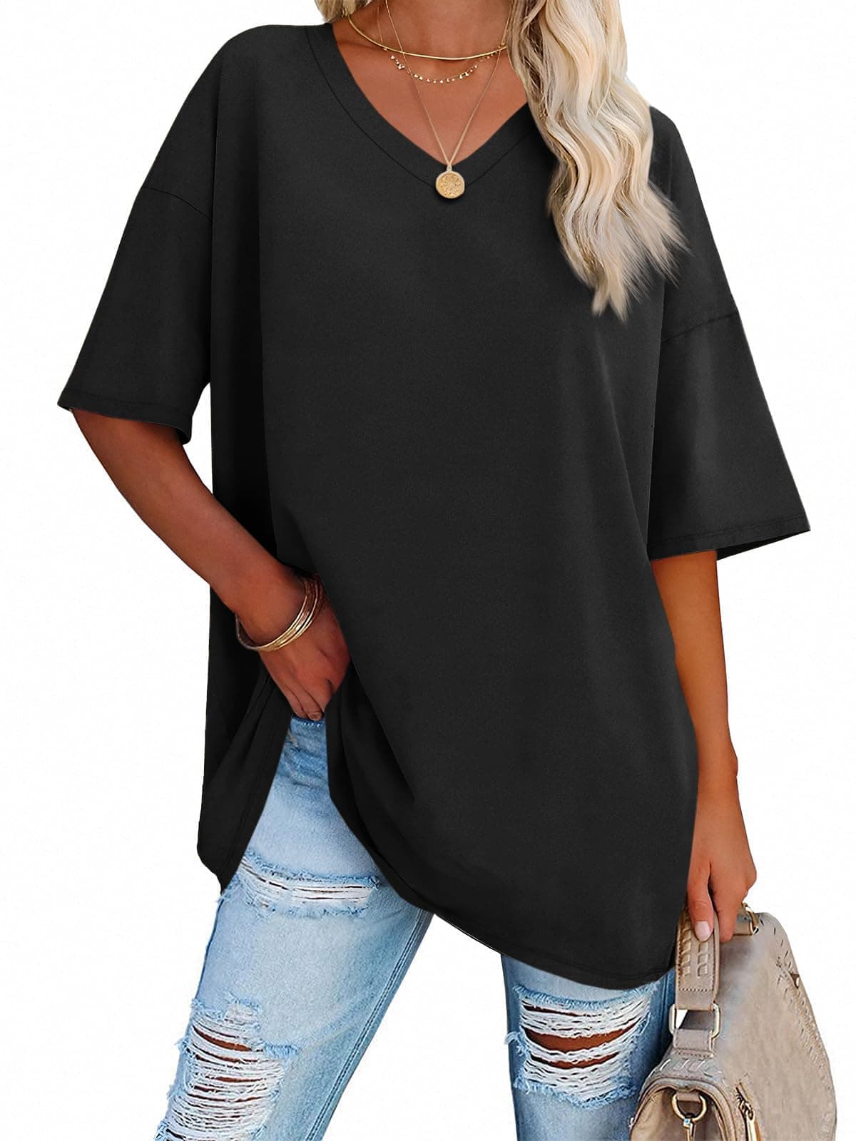 Womens Oversized Tshirts V Neck Tee Shirts Half Sleeve Loose Fit T Shirt Cotton Tunic Tops 2025