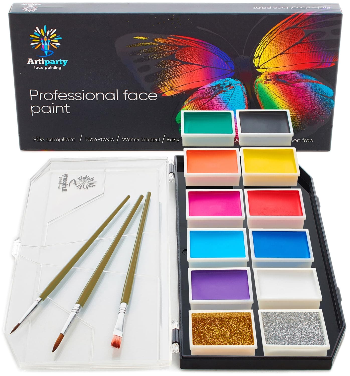 Face Paint Kit - Face Painting Kit for Kids & Adults - Non-Toxic Water Activated Face Paint - Dry Face Glitter Included - Body Paint Set - Easy to Apply & Remove