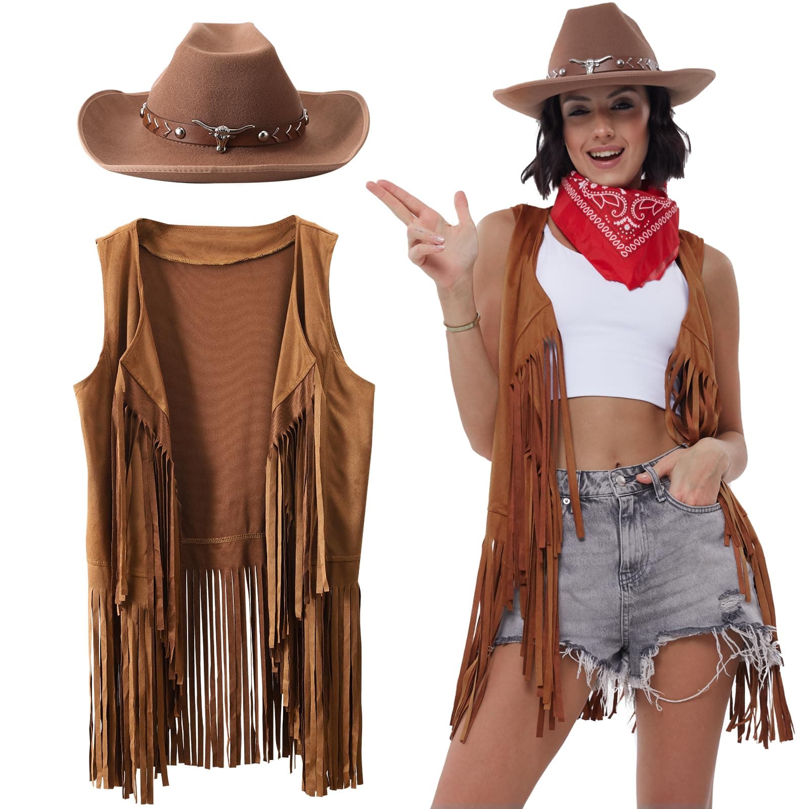 Western Outfits for Women Cowgirl Tassel Sleeveless Vest Cowboy Hat and Paisley Bandana