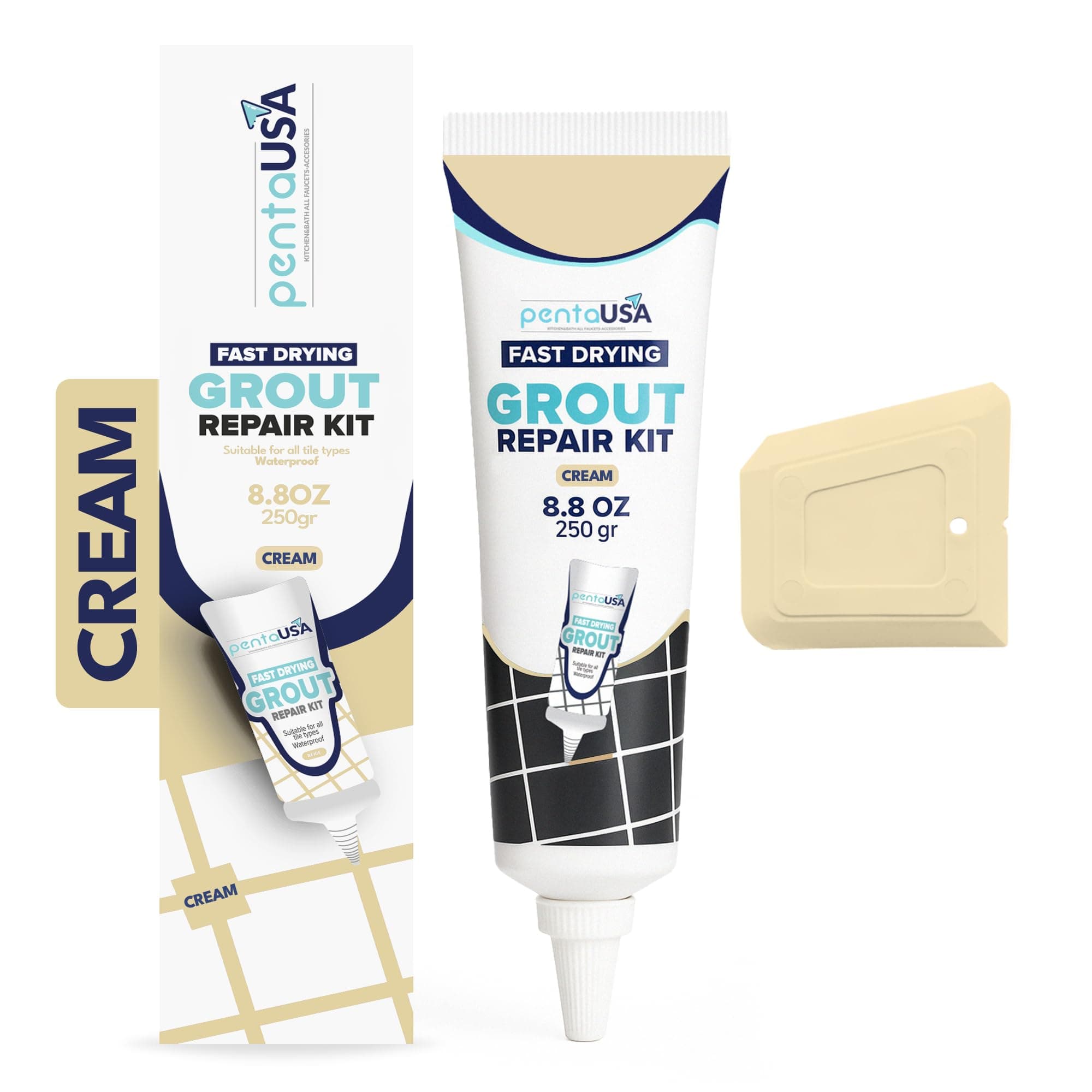 Cream Ivory Tile Grout Repair Kit - Premixed Sanded Grout for Bathroom Shower Kitchen Floor, Beige Collection, Waterproof Filler Tube with Applicator, Easy DIY Restore (8.8oz / 250g)