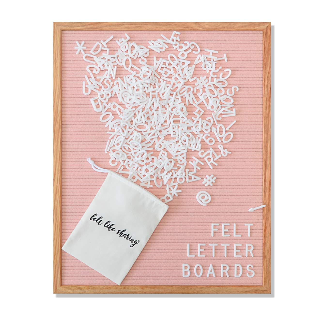 Light Pink Felt Letter Board 16x20 Inches, Changeable Letter Board Plus 348 White Plastic Letters, Warm Oak Frame Wooden Letter Board w/ Sawtooth Wall Hanger + Drawstring Pouch For Letterboard Letters