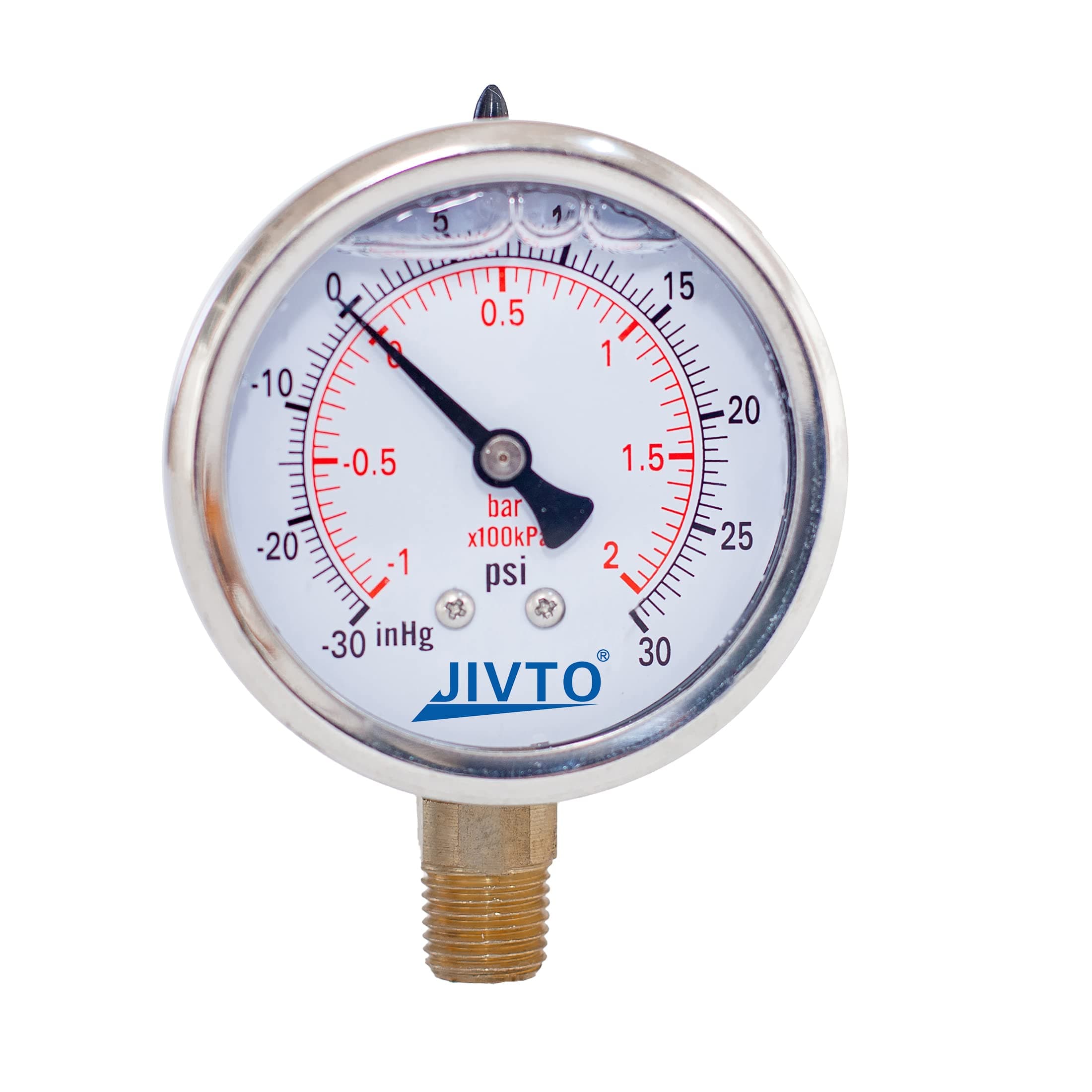 Pressure Gauge,Liquid Filled,2" Dia,-30 Hg-30 psi/bar/kpa,1/4" NPT Male Brass Connection,Lower Mount, Polycarbonate Lens Window, Stainless Steel case