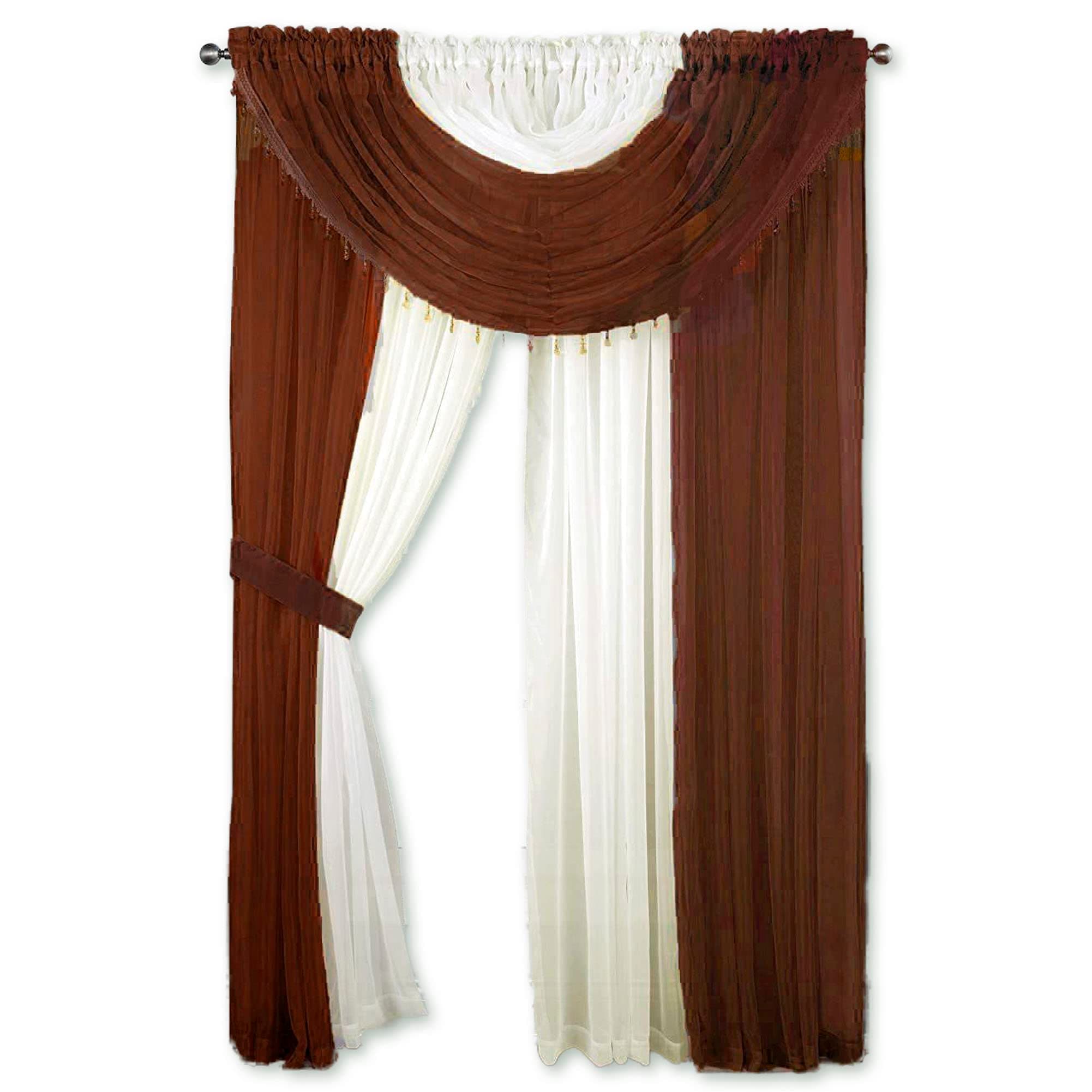 Sapphire Home Window Sheer Curtains - Two Tone 4 Panels Set with Valance and Tiebacks, 55" x 84", Privacy Voile Window Curtains for Living Room, Bedroom, Kitchen, Dining Room -Chocolate/Beige