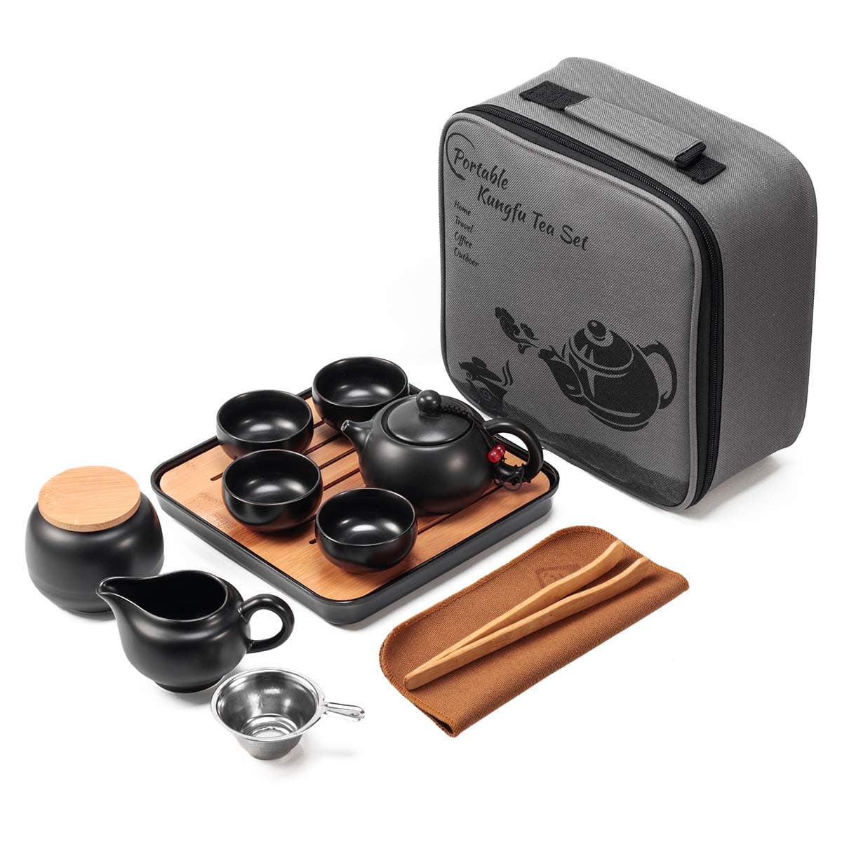 Chinese Tea Pot Cup Set with Tray Infuser - Travel Ceramic Tea set Porcelain Teapot, Portable All in One Gift Bag for Outdoor Picnic Business Hotel