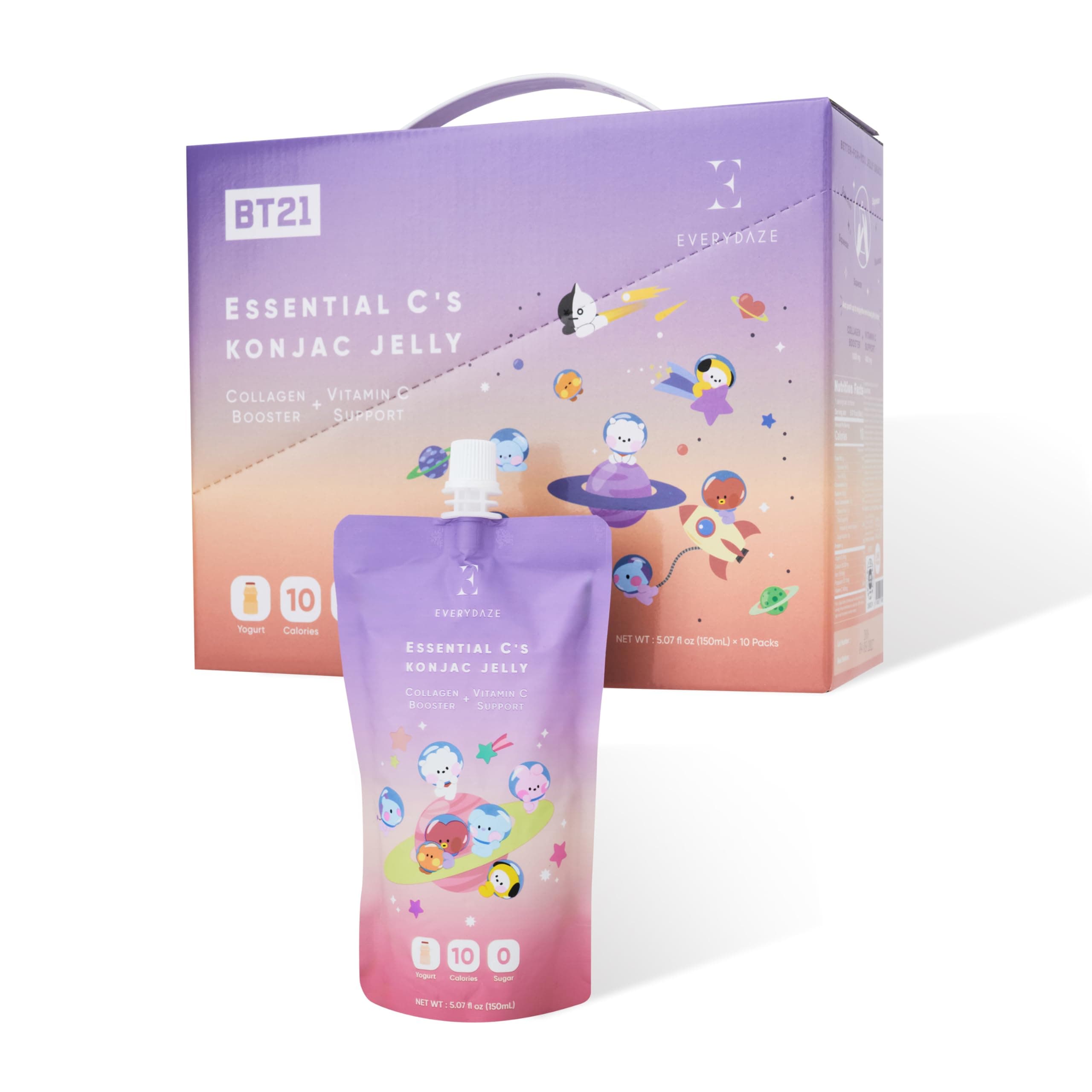 EVERYDAZE BT21 Essential C’s Konjac Jelly | Yogurt | Vegan Collagen Peptides and Vitamin C | Gluten Free, Sugar Free, Low Calorie | Healthy Drinkable Fruit Snack | 10 Pack Box Food Drink Pouch