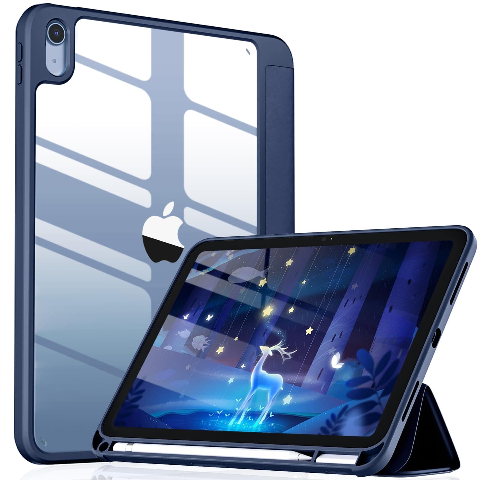 Wenlaty Compatible with iPad (A16) 11th Generation Case 11 Inch 2025, for iPad 10th Generation Case 10.9 Inch 2022 with Pencil Holder, Trifold Stand Protective Clear Back Shell, Auto Wake/Sleep, Navy