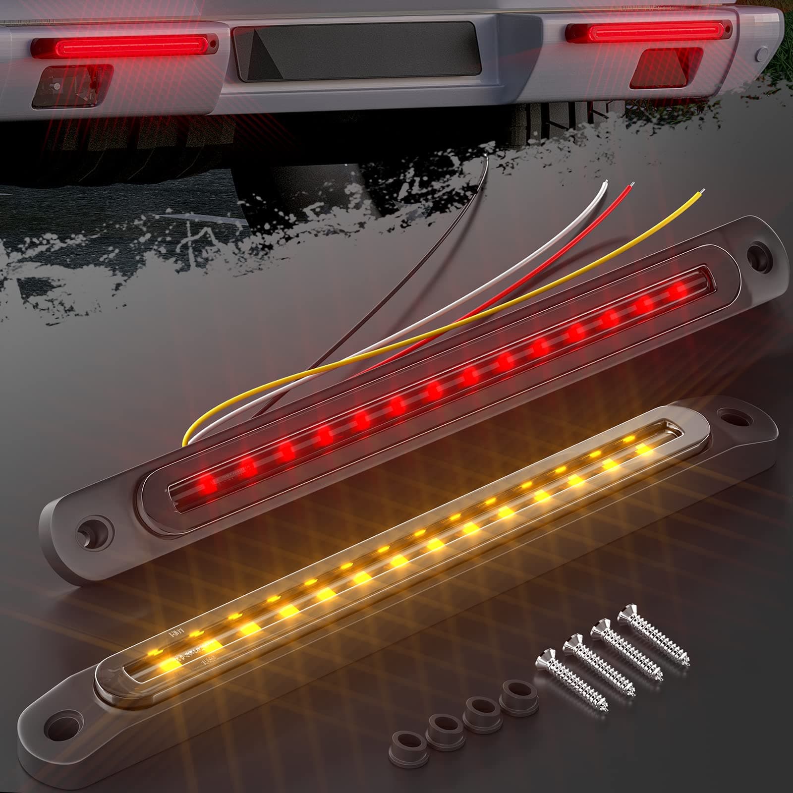 BJZ 10'' LED Trailer Tail Lights Bar Red Brake Stop Marker Light Strip Amber Turn Signal Sequential Flow Identification Light Assembly w/Waterproof Smoked Lens for Truck Pickup Offroad RV ATV Van