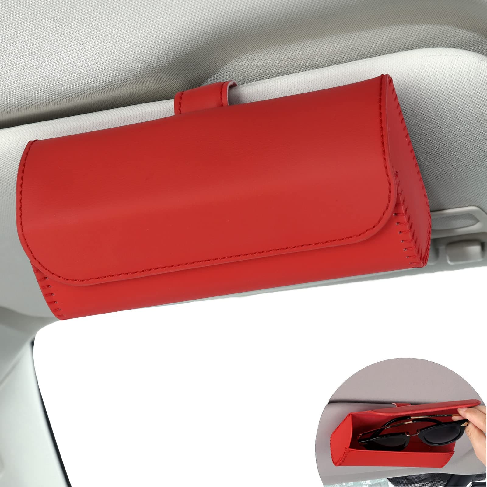 Accmor Glasses Holder for Car Sun Visor, Vehicle Sunglasses Holders Case with Hidden Magnetic Closure, Leather Auto Eyeglasses Organizer Box Eyeglass Hanger Clip Car Accessories for Men Women (Red)