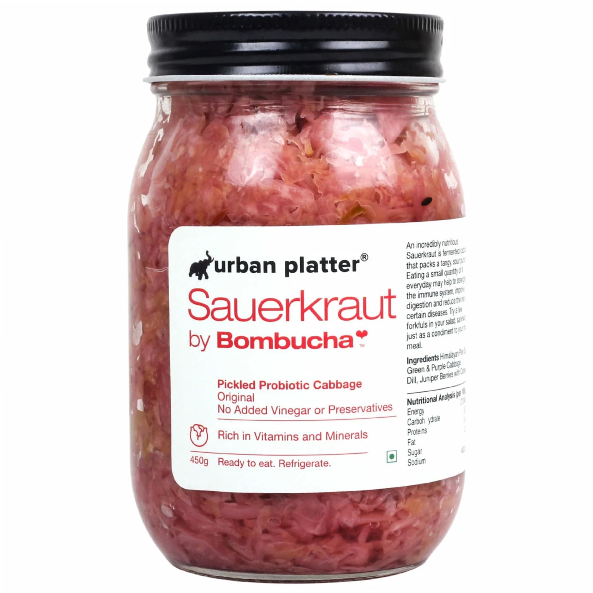 Sauerkraut Original Pickled Probiotic Cabbage, 450g / 15.8oz [Raw, Artisanal, Plant-Based, Preservative Free]