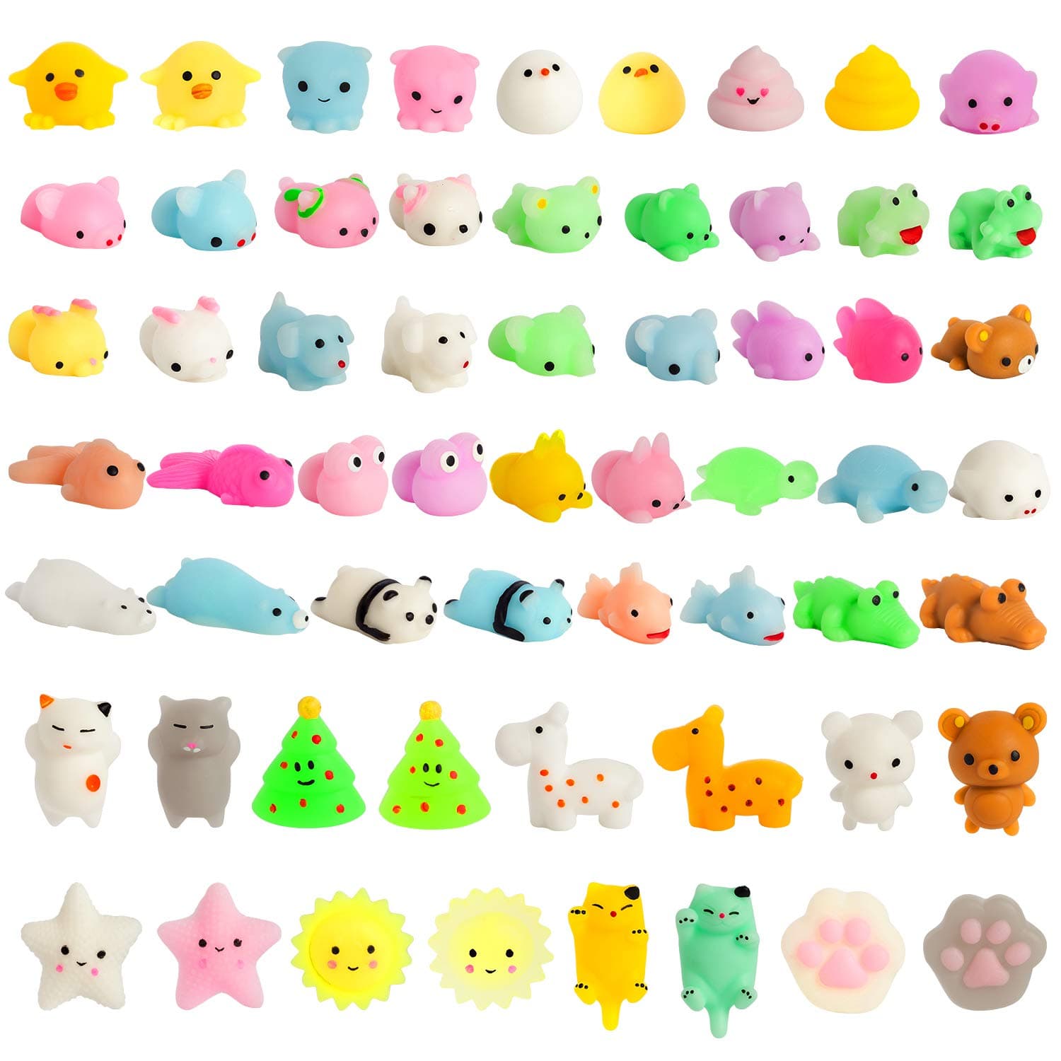 KIZCITY 60 Pcs Mochi Squishies, Kawaii Squishy Toys for Party Favors, Animal Squishies Stress Relief Toys for Boys & Girls Birthday Gifts, Classroom Prize, Goodie Bags Stuffers