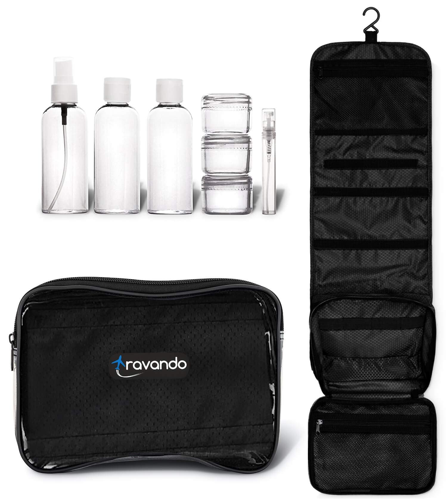 TRAVANDO ® Hanging Toiletry Bag "FLEXI" + 7 TSA Approved Liquid Bottles - Travel Set for Men and Women - Toilet Kit for Cosmetics, Makeup - Organiser for Suitcase - Wash Bag with (Black)