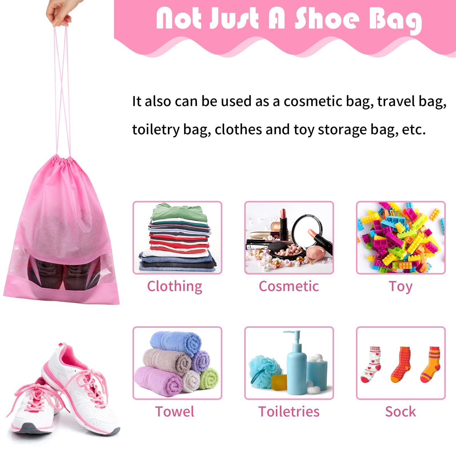 Shoe Bags for Travel, Drawstring Travel Shoe Bags for Packing, Dustproof Portable Travel Shoe Storage Bag for Men and Women, Pink, XL, 5 Pack