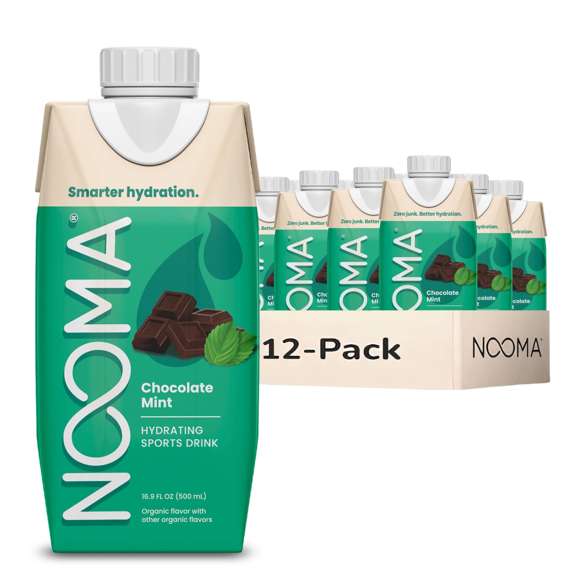 NOOMA Organic Electrolyte Sports Drink | Electrolyte Drink with Organic Coconut Water | Workout Hydration Drink with No Added Sugar | 30 Calories | Pack of 12 Sports Drinks (16.9oz) | Chocolate Mint