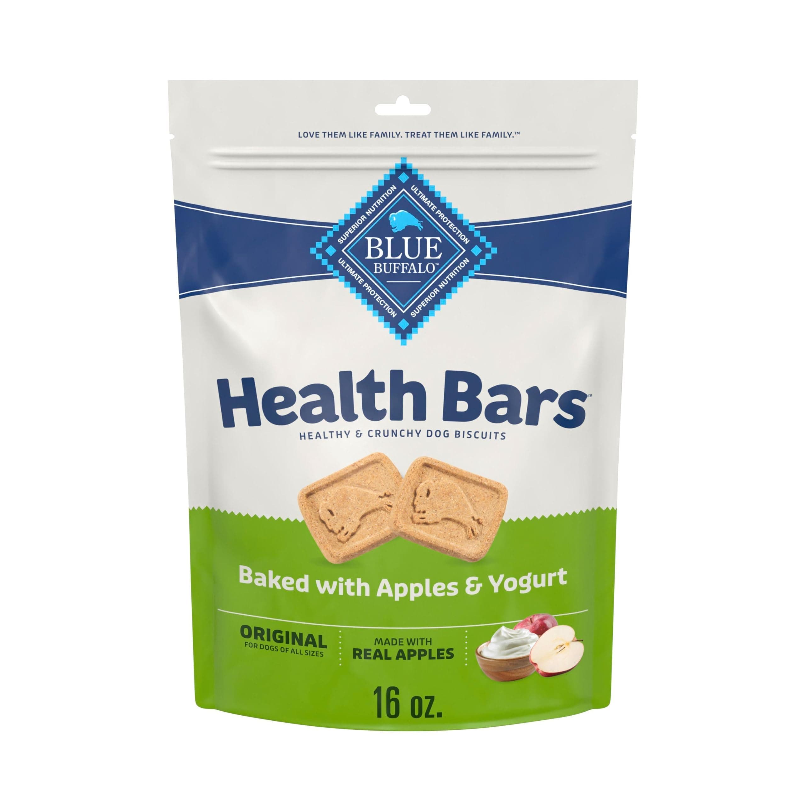 Blue Buffalo Health Bars Crunchy Dog Biscuits, Oven-Baked with Natural Ingredients, Apples & Yogurt, 16-oz Bag