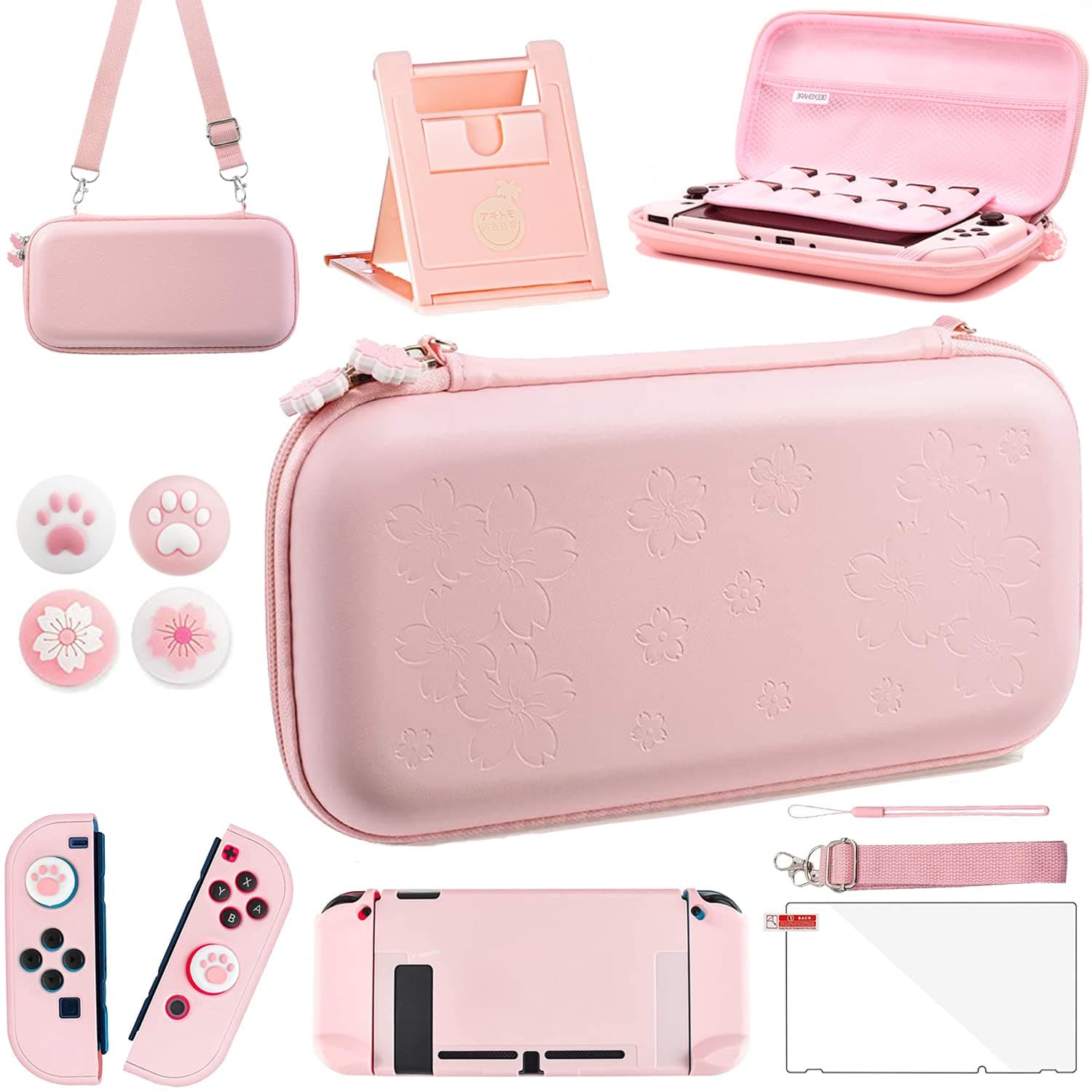OLDZHU Pink Travel Carrying Case Accessories Kit Compatible With Nintendo Switch - 10 in 1 Essential Protection Kits with Hard Protective Cover,Glass Screen Protector,Adjustable Stand,Thumb Grip Caps