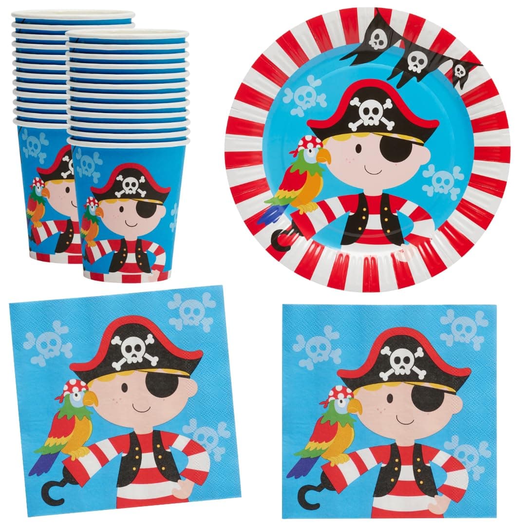 Pirate Party Supplies - Birthday Plates and Napkins & Cups for Boys - Durable Pirate Party Plates Set - Disposable Tableware - 72-Piece Pirate Theme Party Supplies, Serves 24