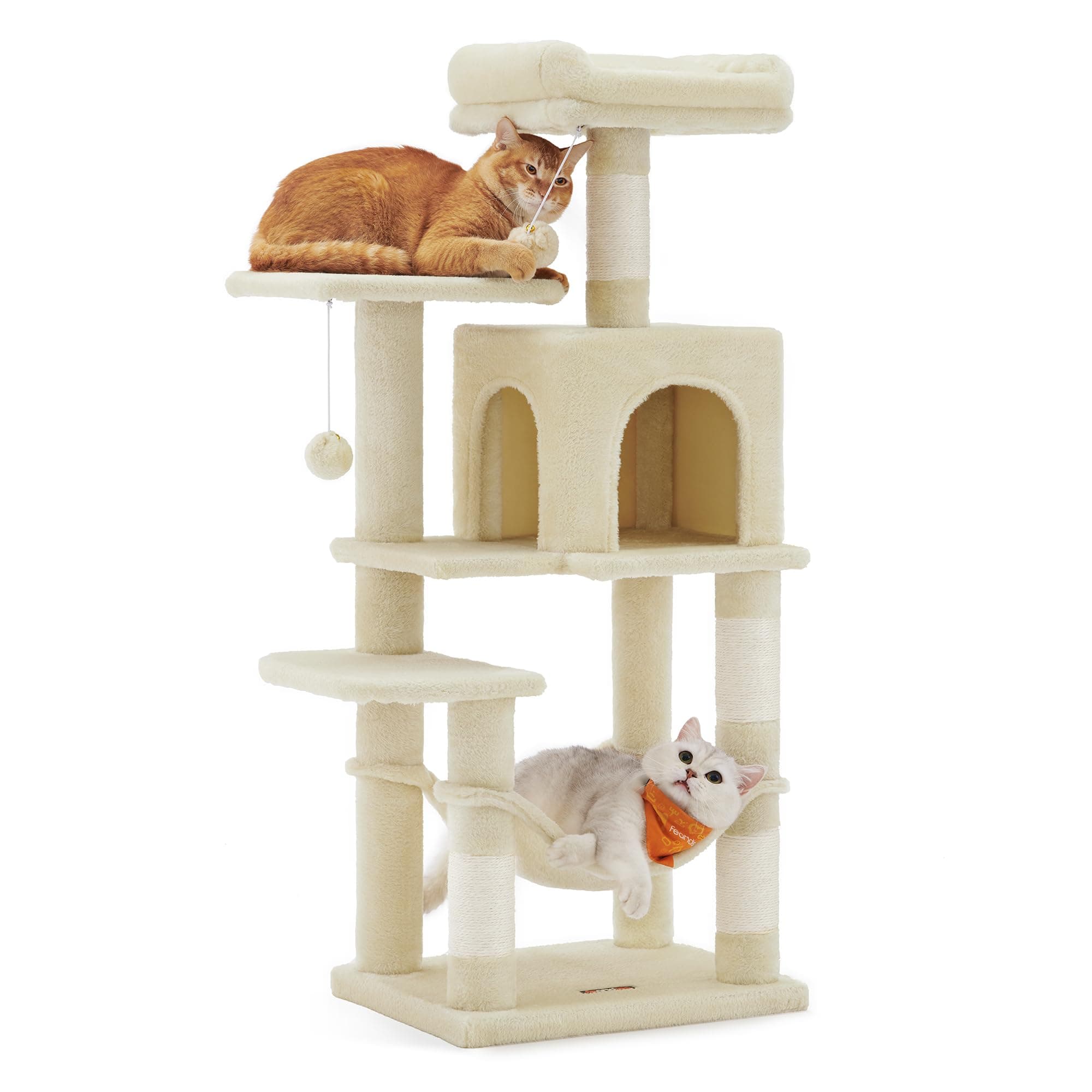 Feandrea Cat Tree Tower, 112 cm Multi-Level Plush Cat Condo with 4 Scratching Posts, 2 Perches, Cave, Hammock, Pompoms, Beige PCT261M01