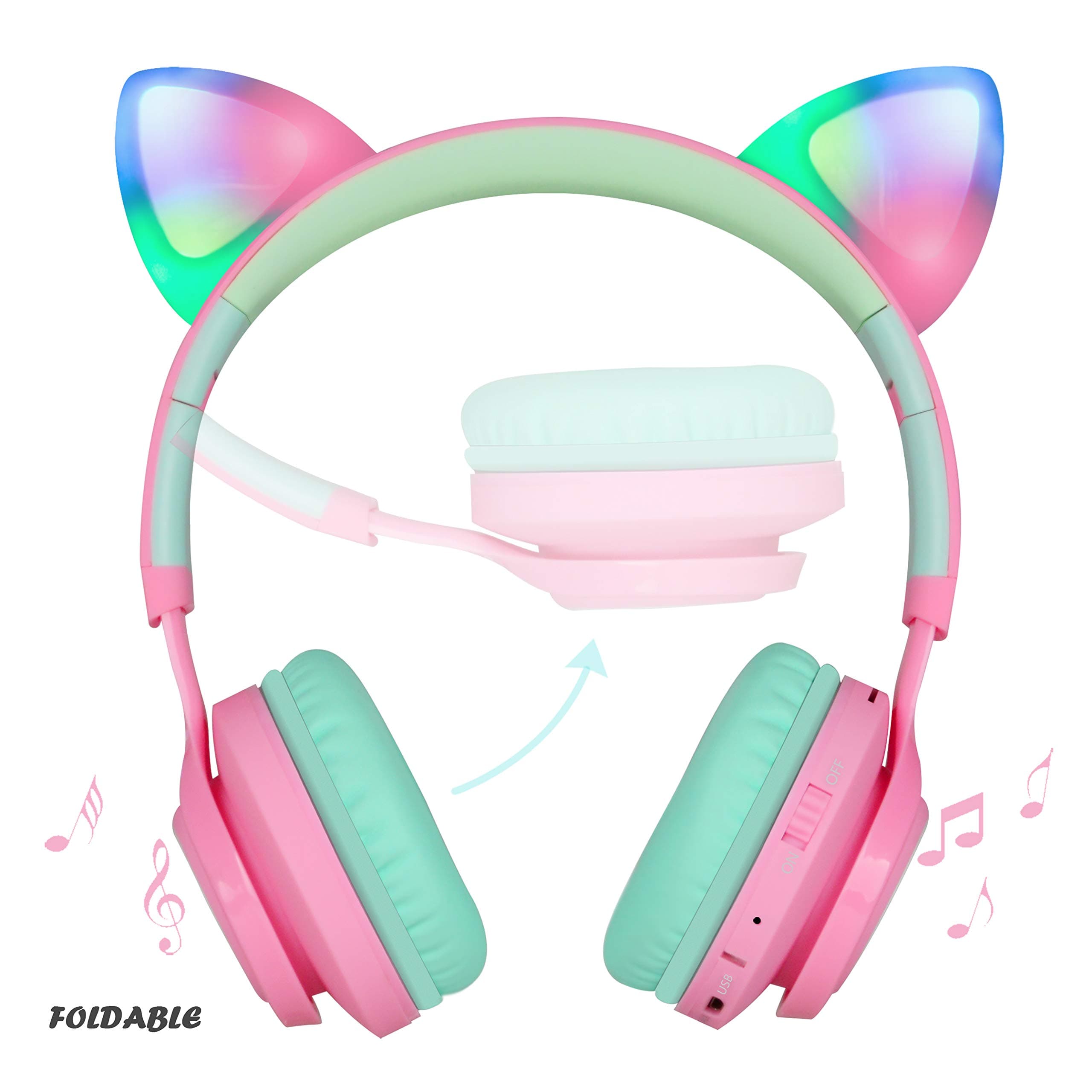 Riwbox CT-7 Cat Ear LED Wireless Foldable Headphones Over-Ear Headphones with Microphone and Volume Control for iPhone/iPad/Smartphones/Laptop/PC/TV (Pink and Green)