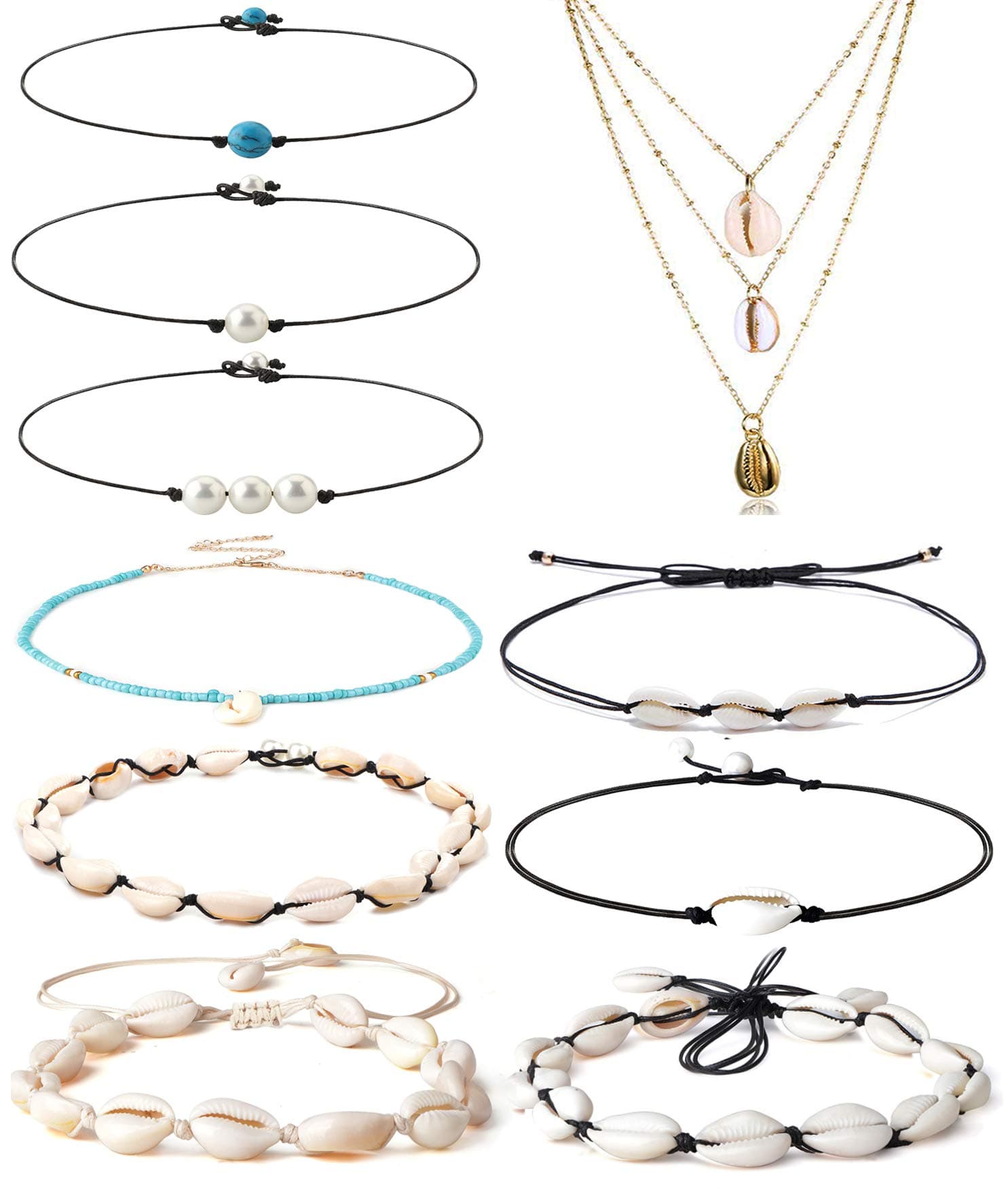 Subiceto 10 Pieces Shell Pearl Choker Necklace for Women Puka Vsco Cowrie Seashell Conch Clam Chips Bead Chokers Necklaces Set Handmade Bohemian Beach Jewelry