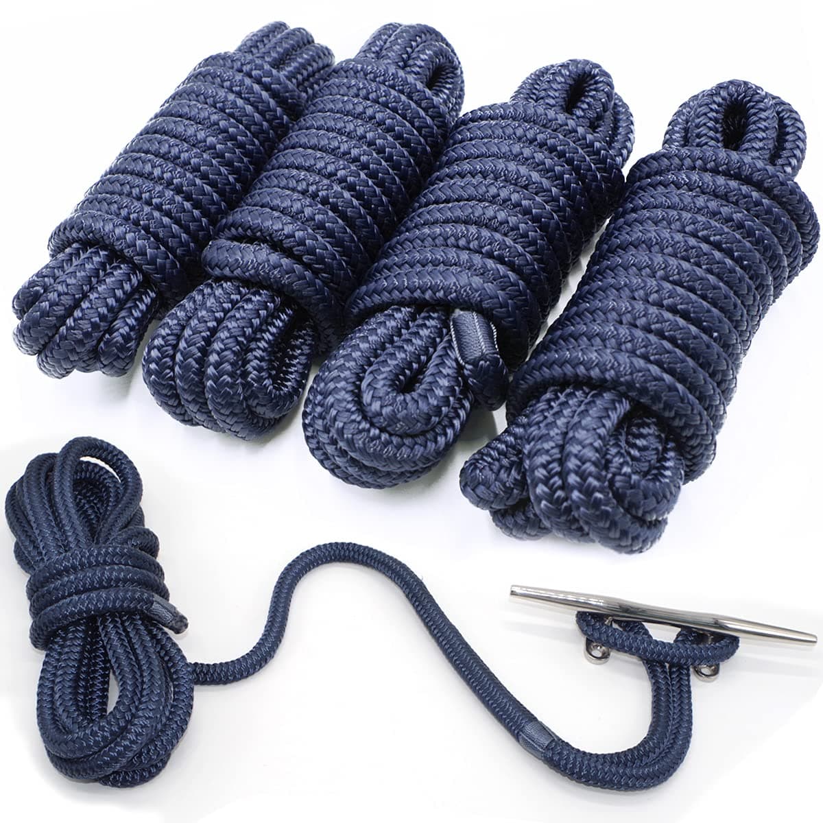 4 Pack 1/2” X 15’ Dock Lines|Marine-Grade Double-Braided Nylon Dock Line with 12” Eyelet.Hi-Performance Boat Rope Mooring Rope Dock Line