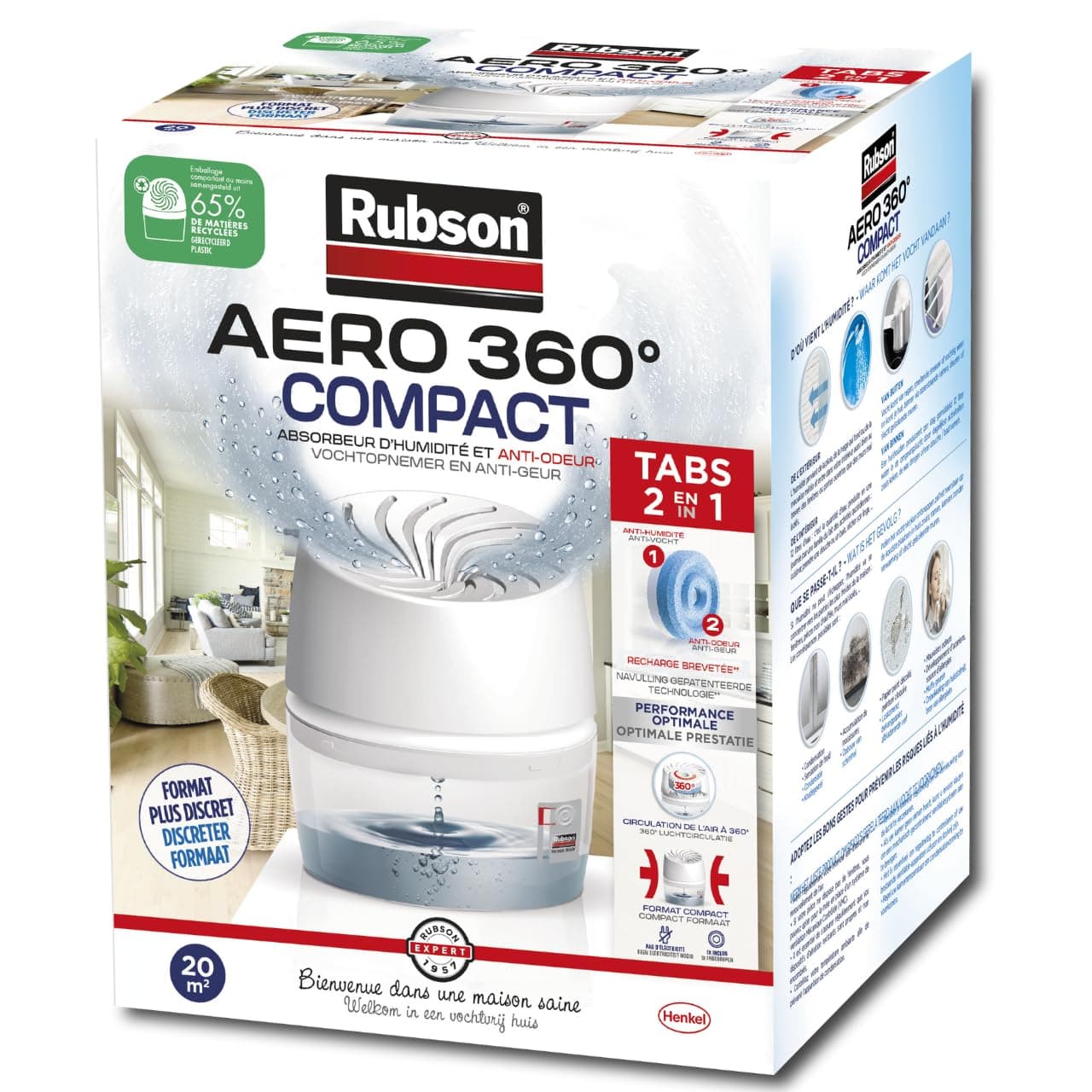 Rubson 2359251 Aero 360° Special Bathroom Humidity Absorber, Dehumidifier, Anti-Odour, Moisture & Condensation Absorber, 1 Device + 1 Refill of 450 g,White