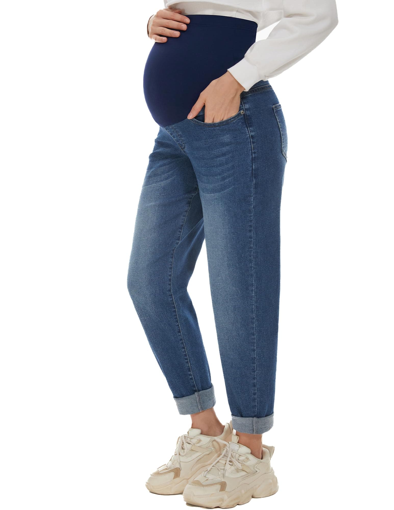 Women's Maternity Boyfriend Jeans Over Belly Stretch Comfy Loose Casual Denim Pants with Pockets for Everyday Wear