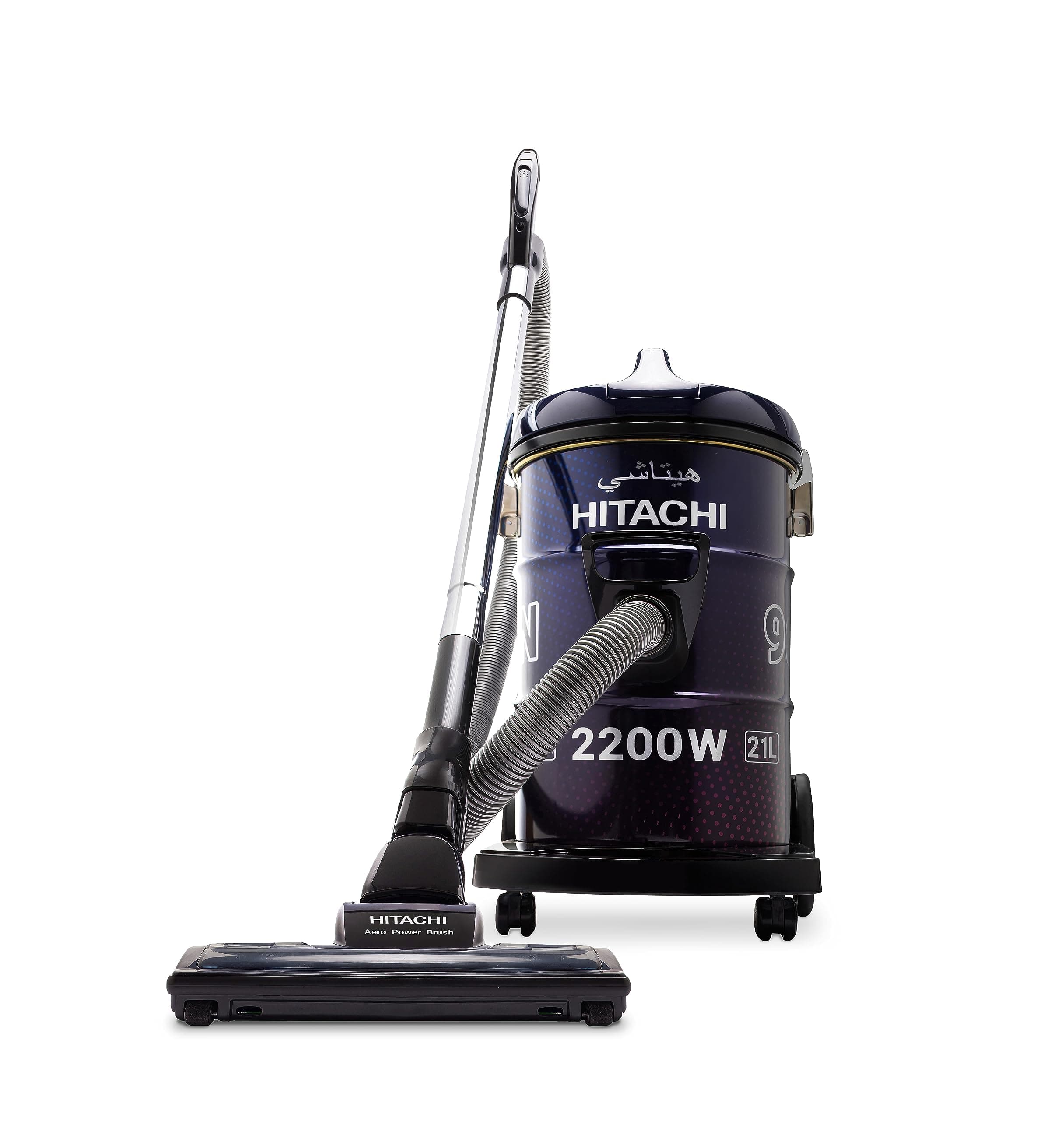 HITACHI Drum Vacuum Cleaner 2200 Watts, 21L Tank Dust Capacity, Aero Power Brush to Clean Efficiently, Metal Pipe, Dusting Brush & Crevice Nozzle, Washable Filter, Best for Home & Office, CV965NBLGCM