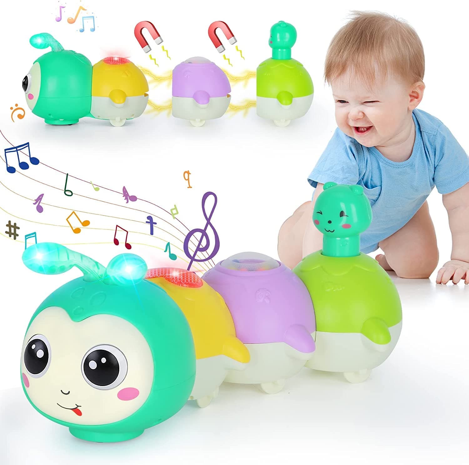 Baby Toys 0-6 Months, Crawling Caterpillar Tummy Time Toy with Magnetic Suction Music Light up, Sensory Learning Infant Toy for 6-12 Month Newborn Toddler 1 Year Old Girl Boy Baby Gifts