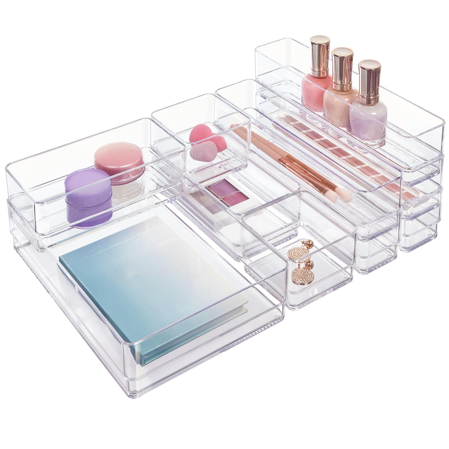 STORi Clear Plastic Makeup & Vanity Drawer Organizers | 10 Piece Set