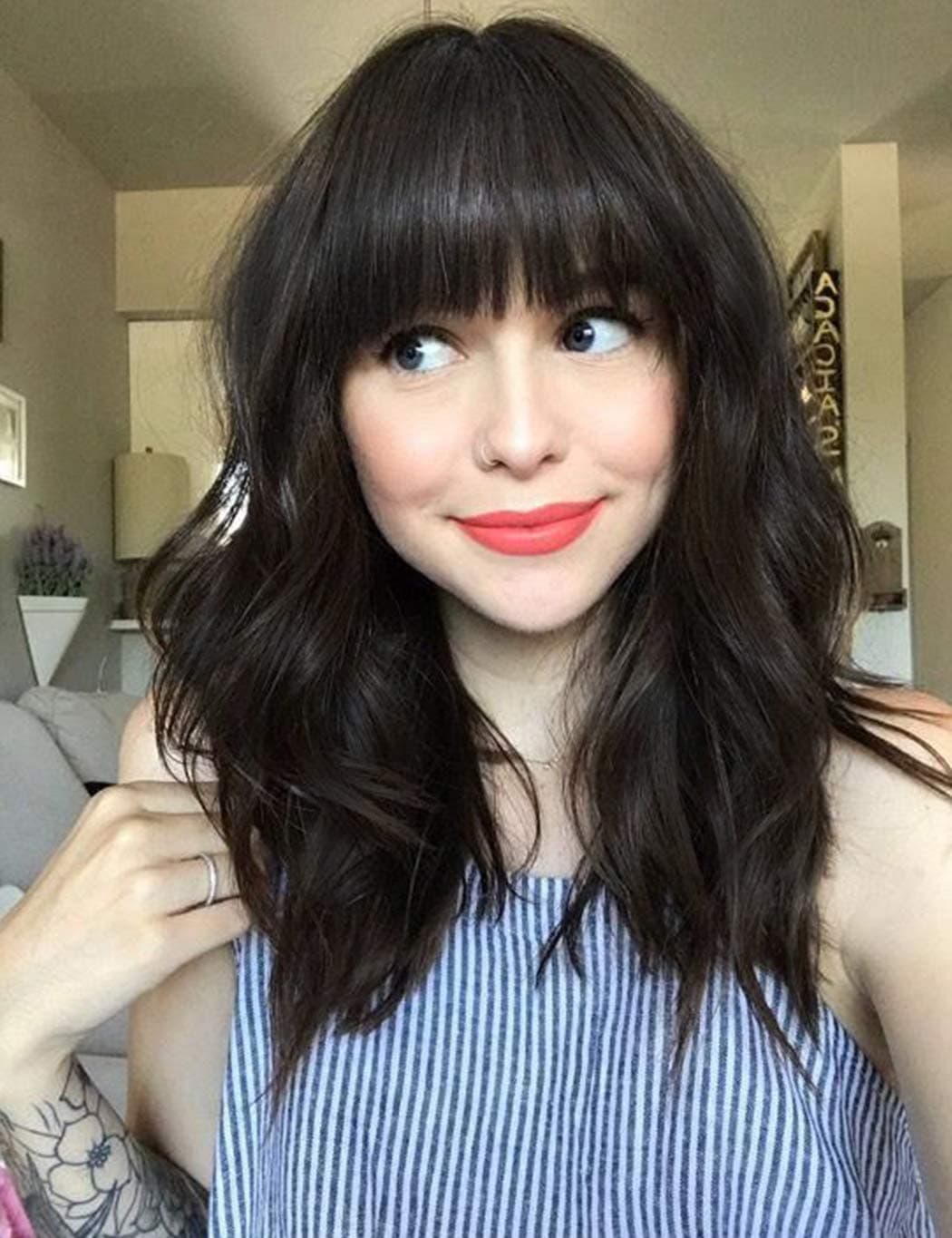 Luwigs Synthetic Wigs with Hair Bangs Shoulder Length Wave Curly for Black Women Natural Looking Heat Resistant Full Head Hair Replacement Wigs for Daily Wear Costume