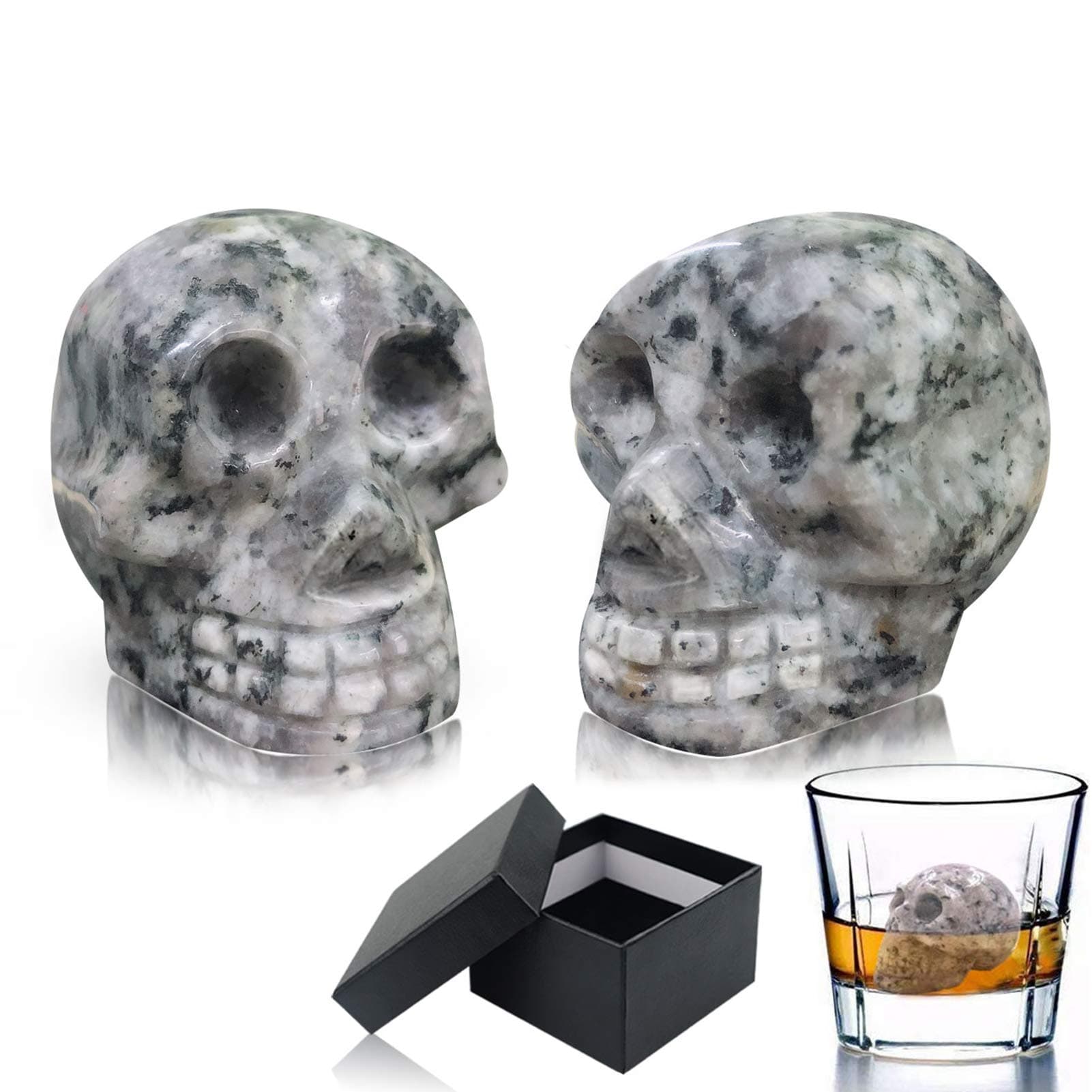 (2 Pack) Whiskey Stones - 100% Natural Pure Granite Skull Bone Chilling Rocks for Whiskey Scotch Vodka Beverage Wine Stones, Reusable Hand Carved Chill Stones with Gift Box