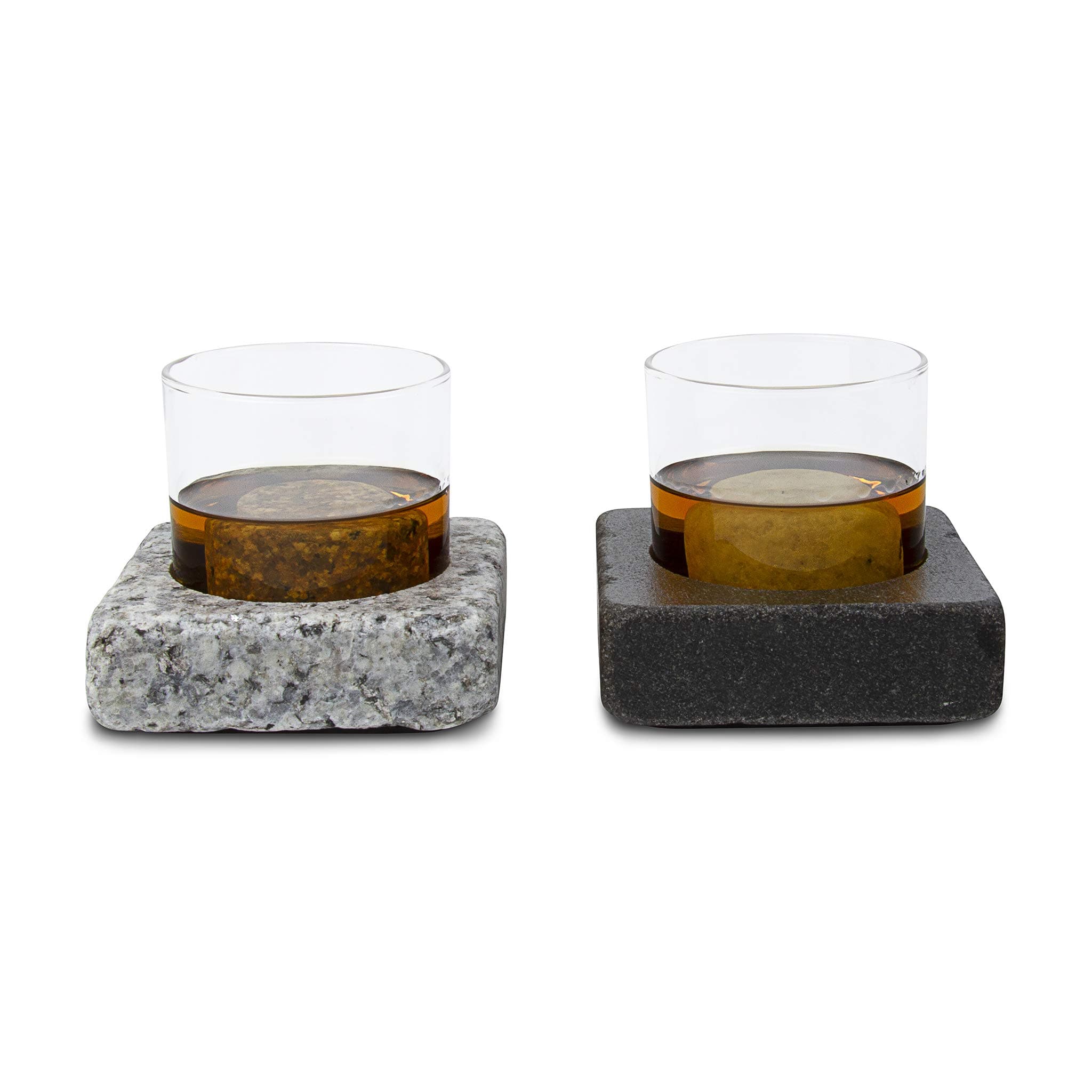 Cool Coaster 6 Piece Set- Includes: Two 4" Square Granite Aluminum-Lined Chilling Coasters, Two 8 oz Glass Tumblers & Two(2) "On the Rocks" Solid Granite Whisky Stones by Sea Stones