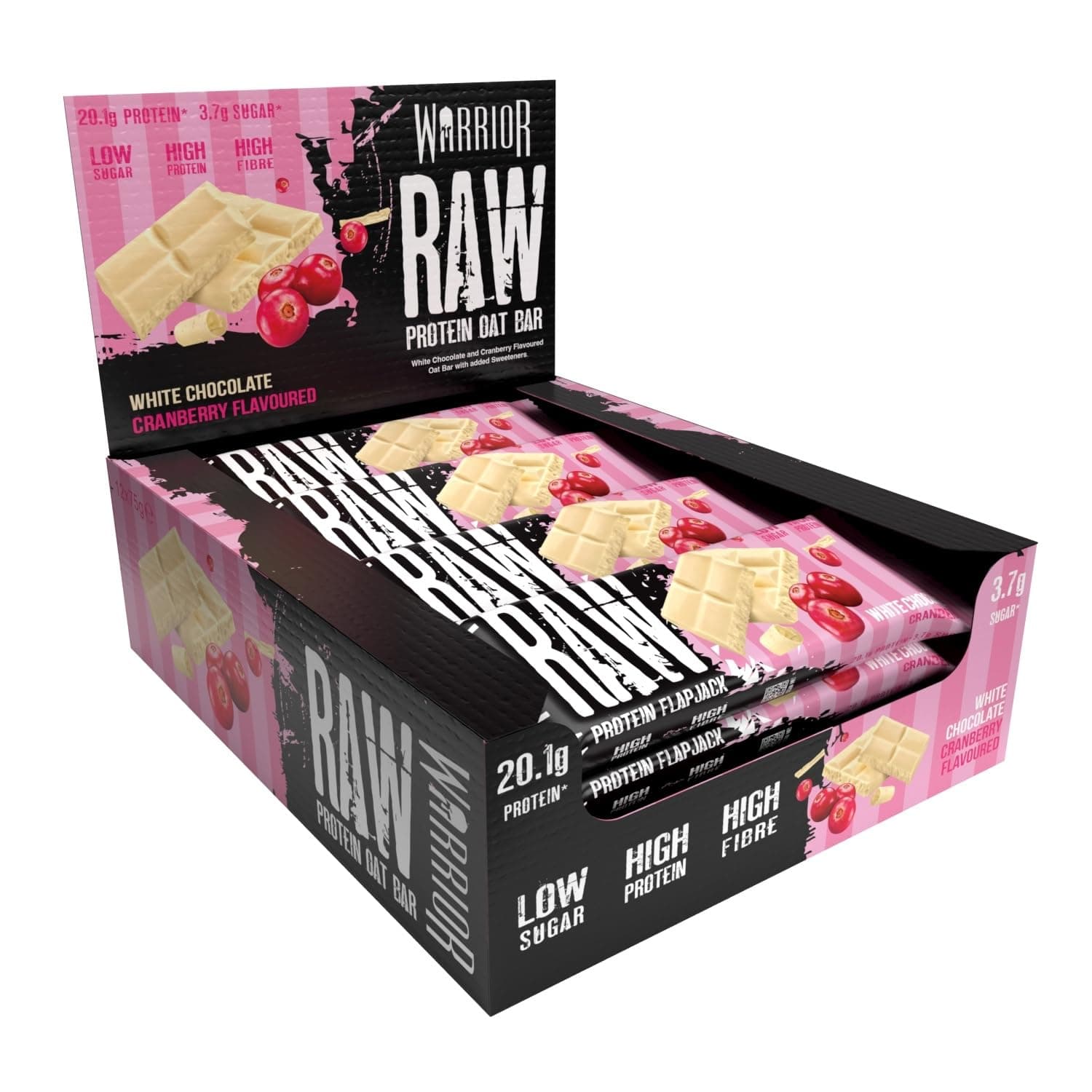 Warrior Raw プロテインバー – 12 x 75g オーツ麦バー – 高繊維、低糖 – 理想的な食事代替品または健康的な栄養エネルギースナック(ホワイトチョコレートクランベリー)
