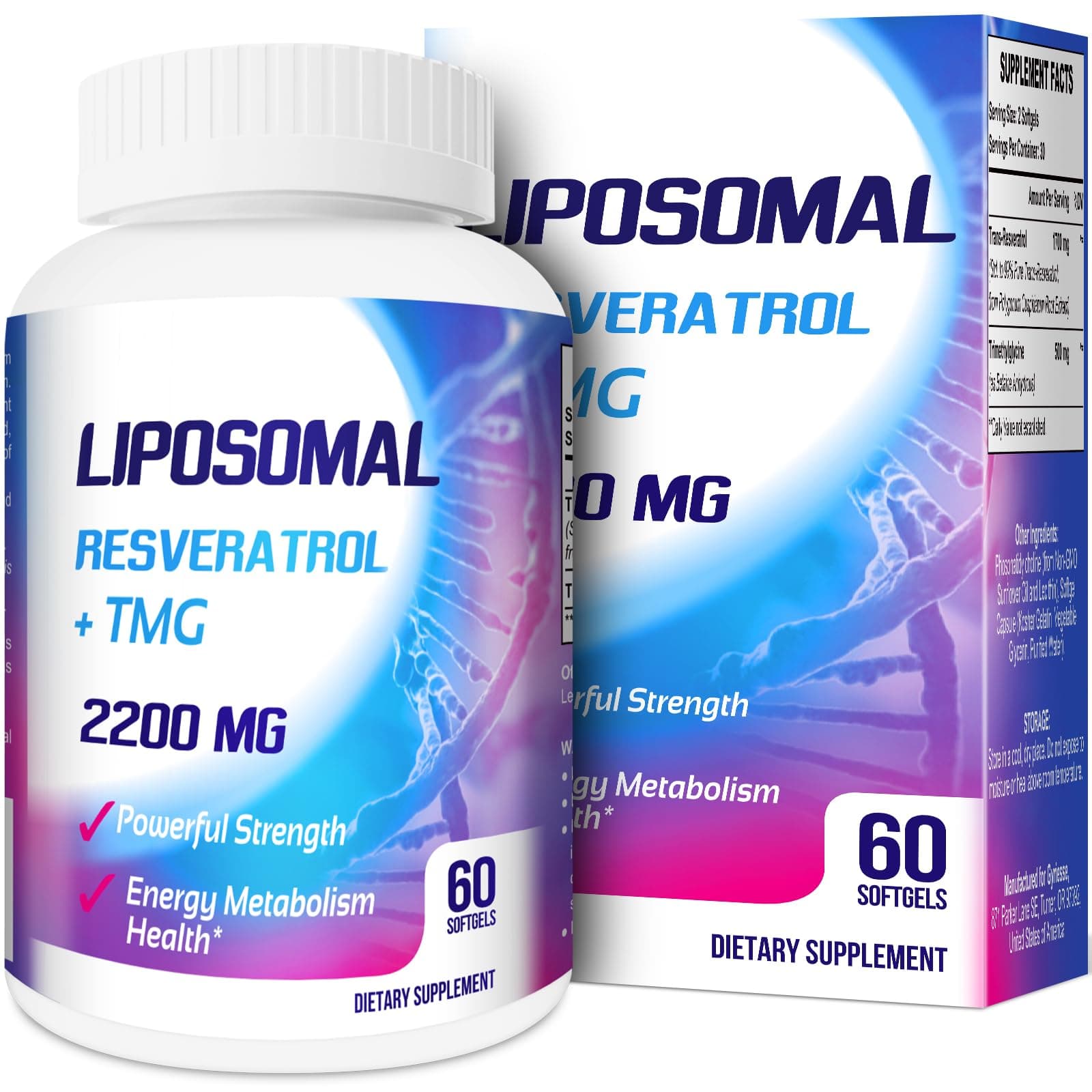 Liposomal 2200mg High Dose Softgel, Trans-Resveratrol 1700mg + TMG 500mg, Powerful Antioxidant for Anti-Aging, Skin Health, Cell Repair, NAD+ Level, Energy & Immune and Overall Health - 60 Softgels
