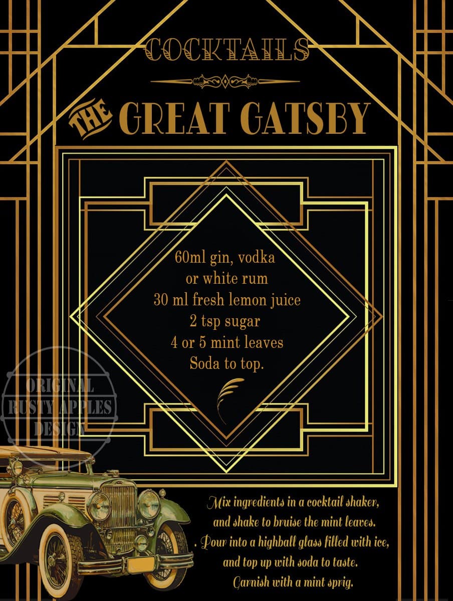1920's Art Deco Cocktail Menu - The Great Gatsby - Metal Sign - 3 Sizes To Choose (8” X 6” 200 X 150 mm)