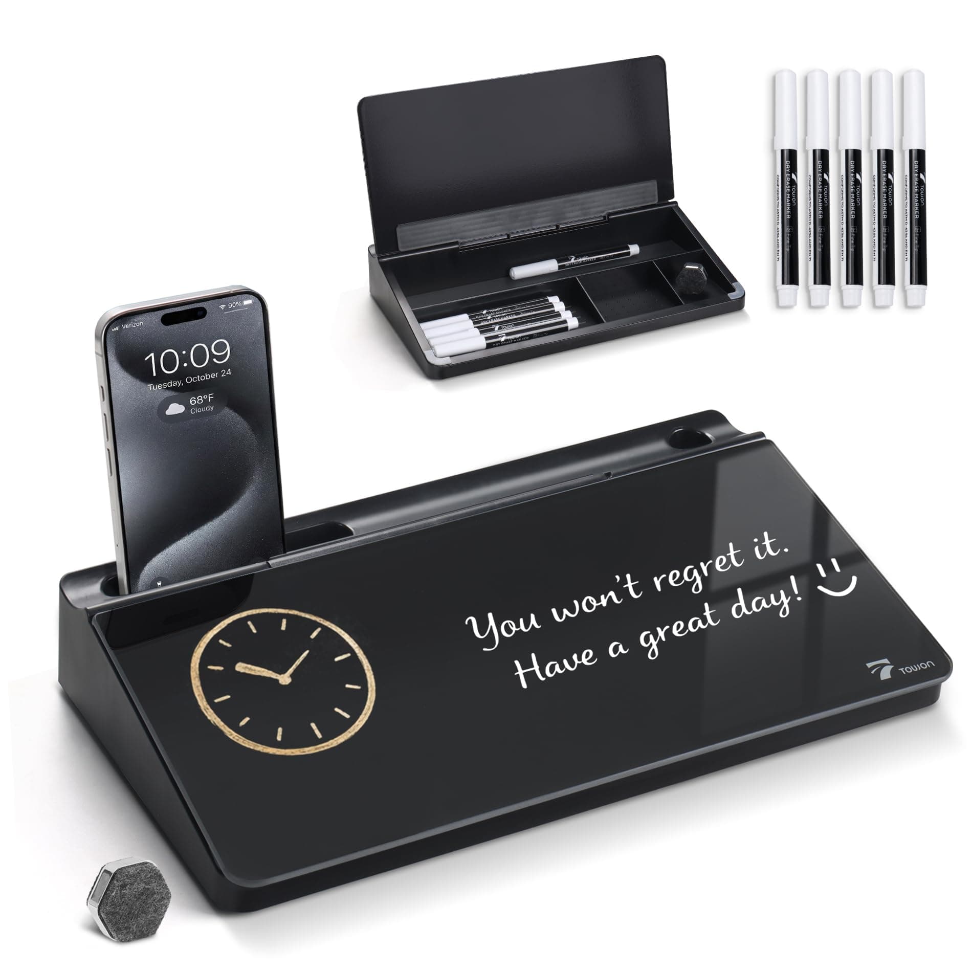 TOWON Small Glass Desktop Whiteboard with Storage – 30 x 17 cm Dry Erase Board for Desk, Home Office, School | Includes 5 Markers, Eraser & Holder | Space-Saving Organizer, Aesthetic Black Design