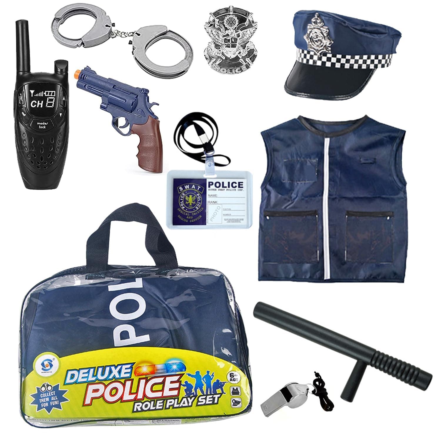 Home Smart 12 Pcs Police Costume for Kids with Toy Role Play Kit with Police Badge, Handcuffs,Kids Flashlight for Cop Costume, FBI,Detective,Swat, and Kids Dress-up Clothes