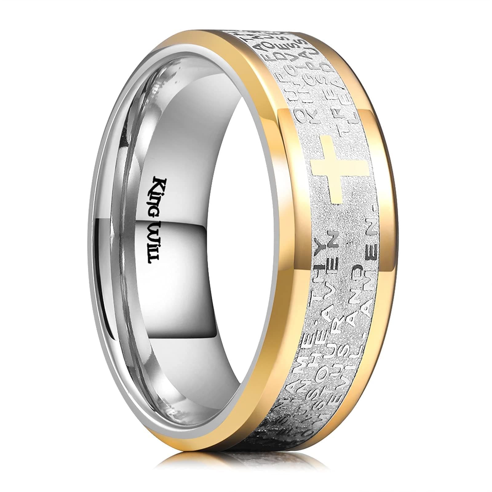 Stainless Steel Men Ring 8mm Lord's Prayer Cross Ring Stainless Steel Men Wedding Ring, Gold/Silver/Black Wedding Band Bible Engraved Rings High Polished, Comfort Fit Size 7-14