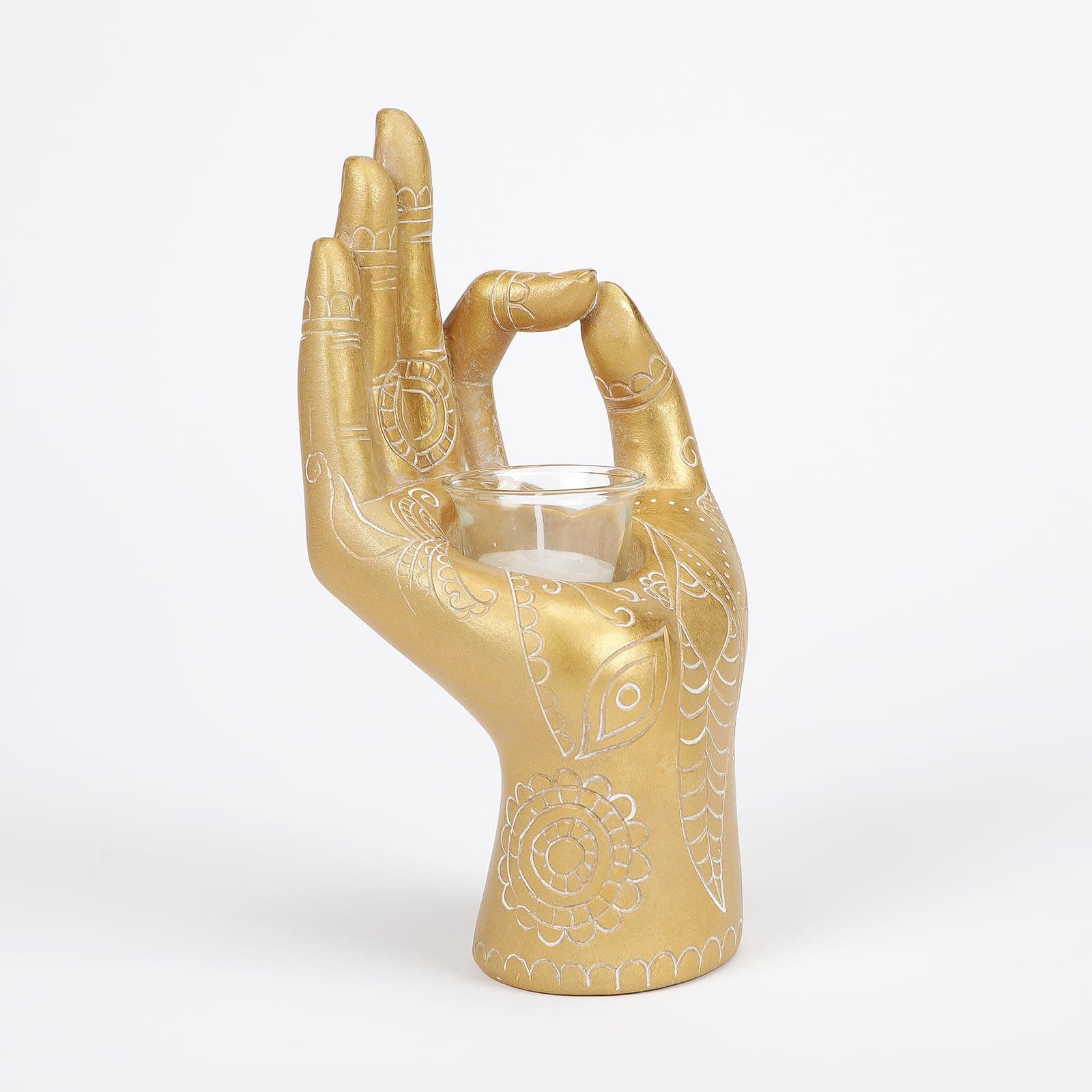 Meditating Tea Light Candle Holder - Zen Statue Decor, Buddha Hand Figurine Tealight Holder for Home,Garden,Altar,Mantle,Shelf Art Decoration, Polyresin 7.59'' (Golden)