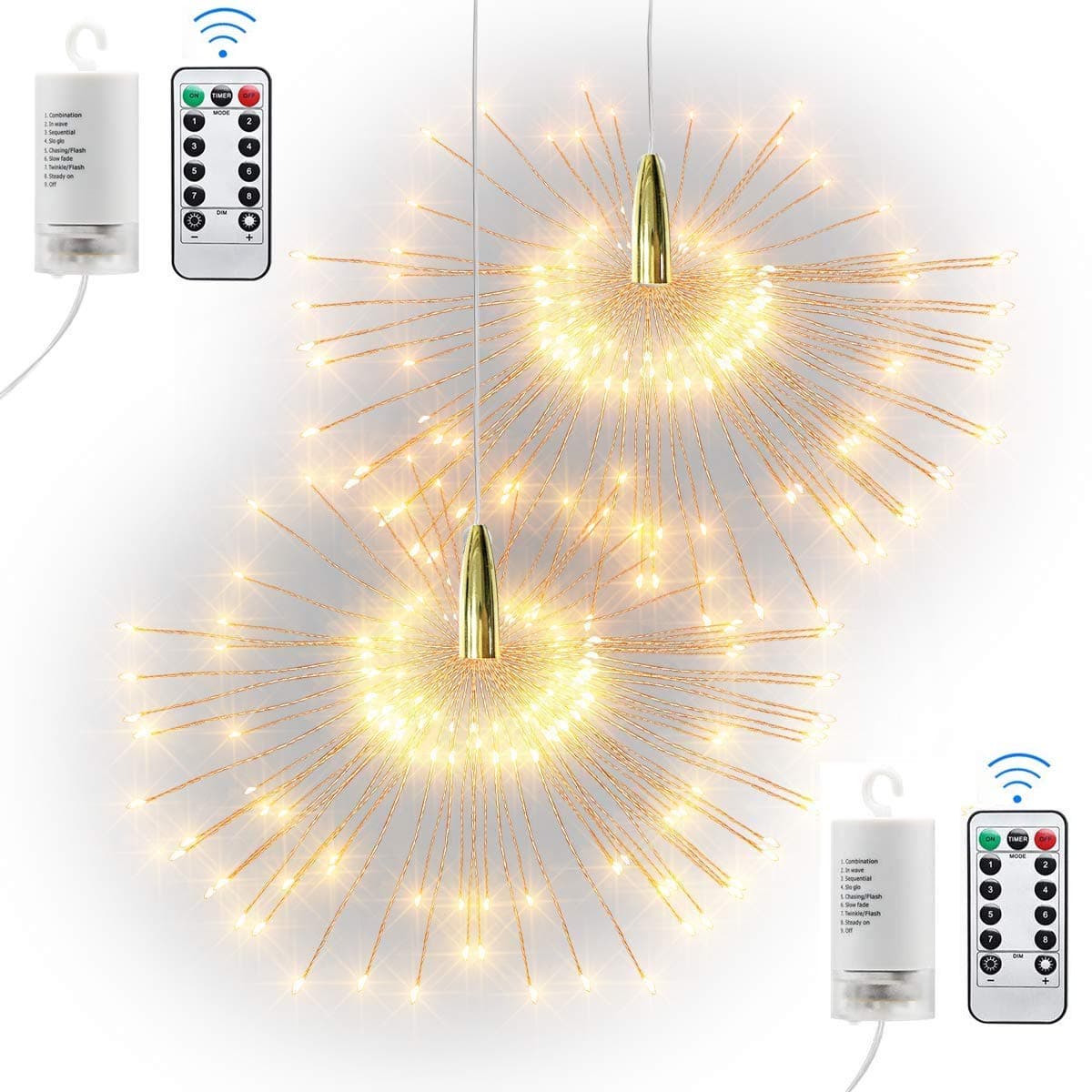 200 LED Firework Fairy Lights, Hanging Starburst Copper Wire Twinkle String Light, Waterproof, Battery Operated, Remote Control, Indoor Outdoor Garden Wedding Christmas Party Decor (2PCS Warm White)