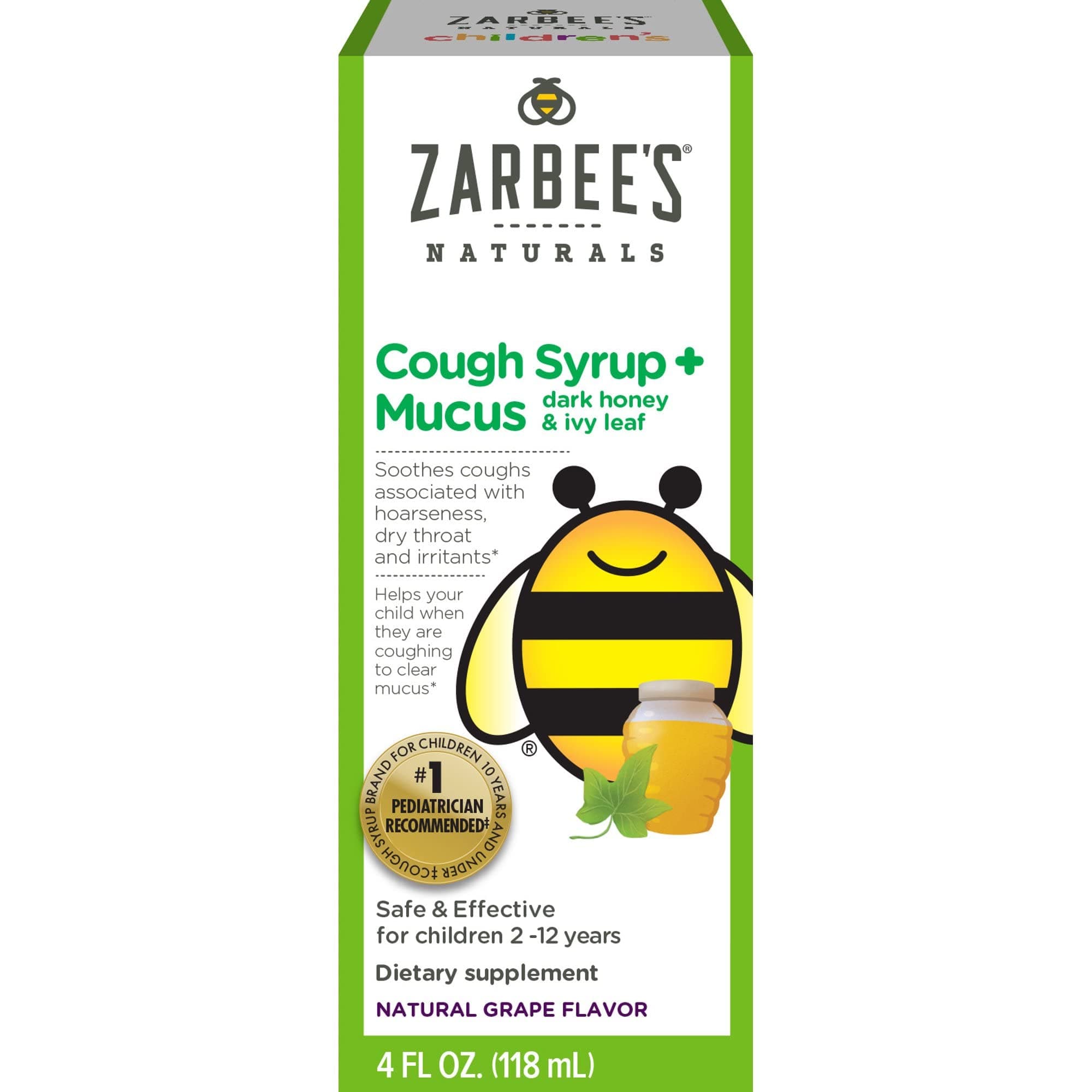 Zarbee's Natural Children's Cough Syrup + Mucus with Dark Honey Natural Grape Flavor (4oz) - Pack of 3