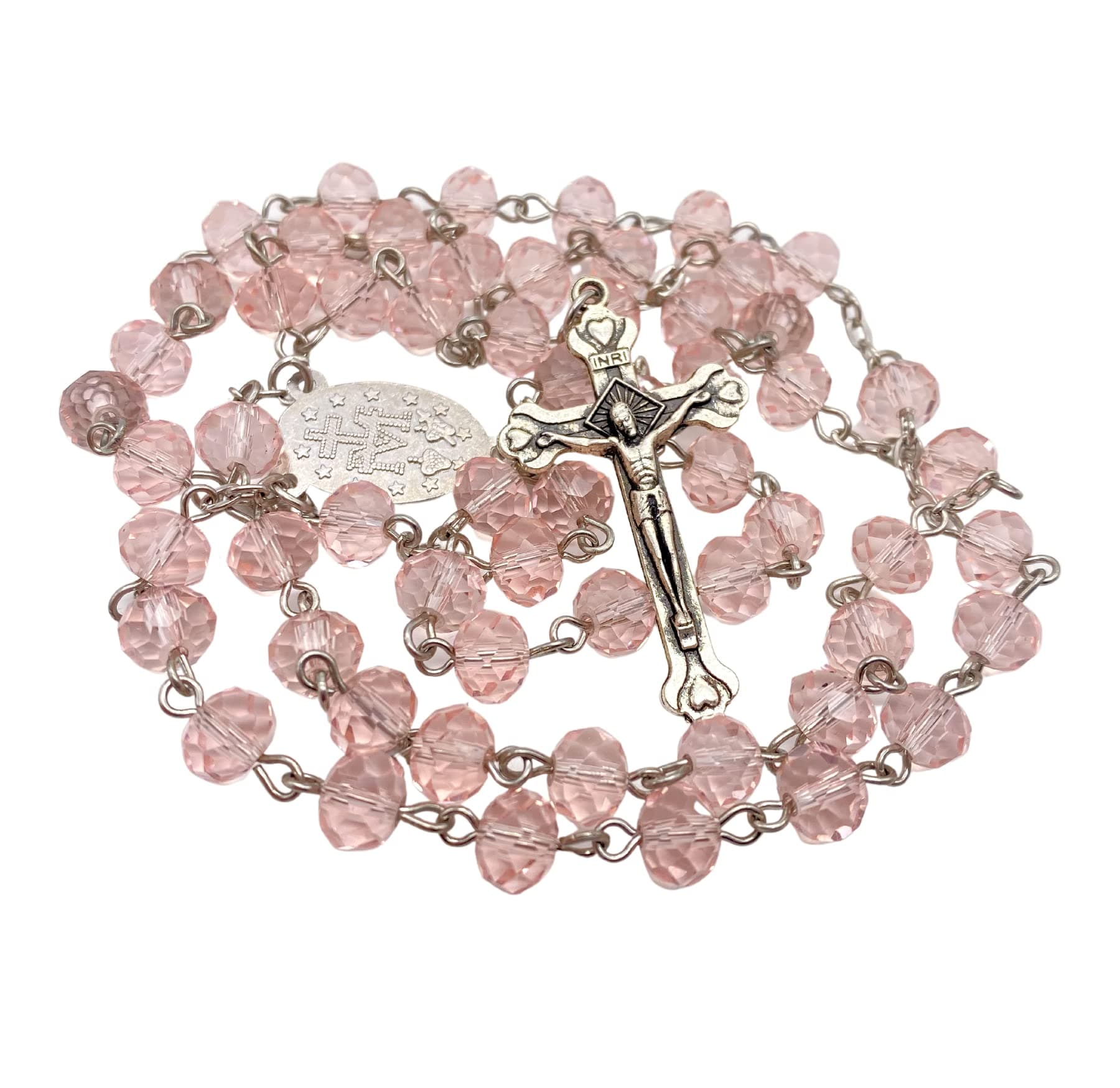 Nazareth Store Light Pink Crystal Beads Rosary Catholic Necklace Miraculous Medal & Crucifix
