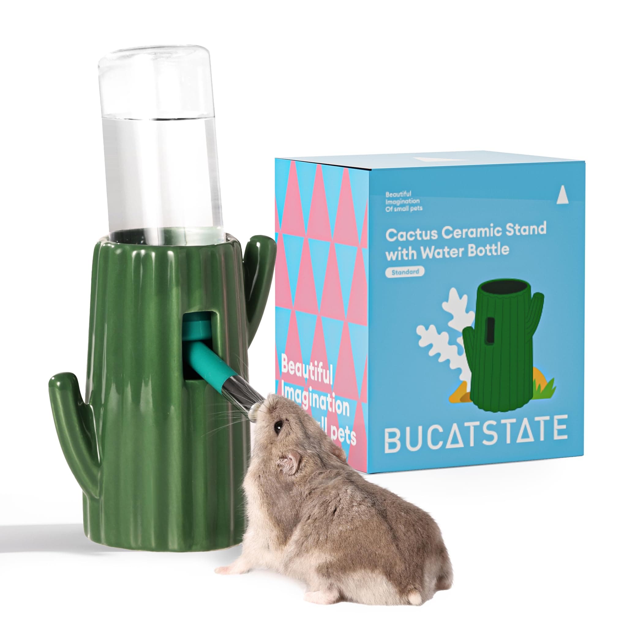 BUCATSTATE Cactus Ceramic Leakproof Hamster Water Bottle Guinea Pig Water Bottles Rabbit Water Bottle with Holder Water Feeder for Small Animals