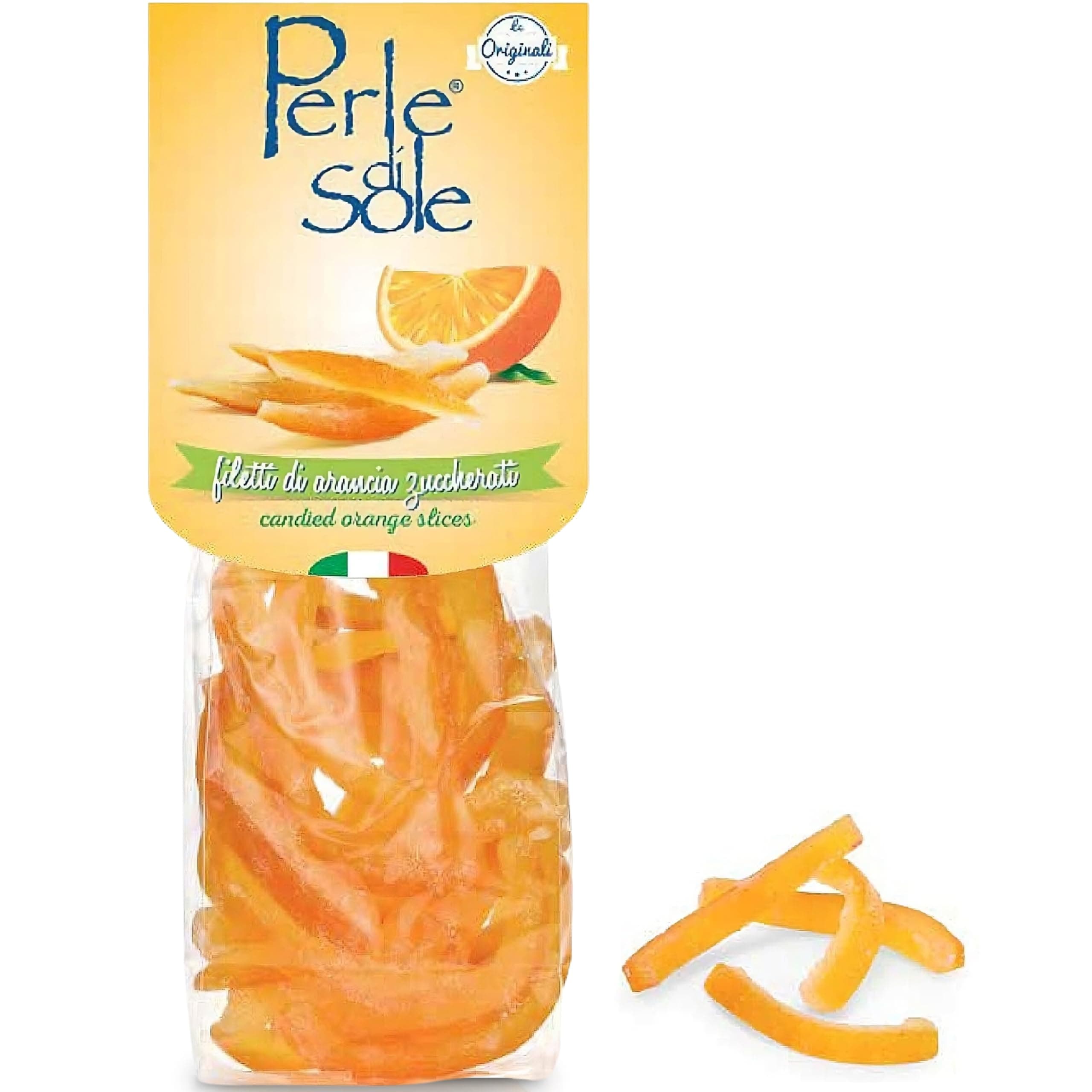 Perle di Sole Candied Orange Peels Dipped in Sugar - Italian Candied Orange Peel Slices for Baking and Snacking (3.5 oz | 100 g) Single Bag