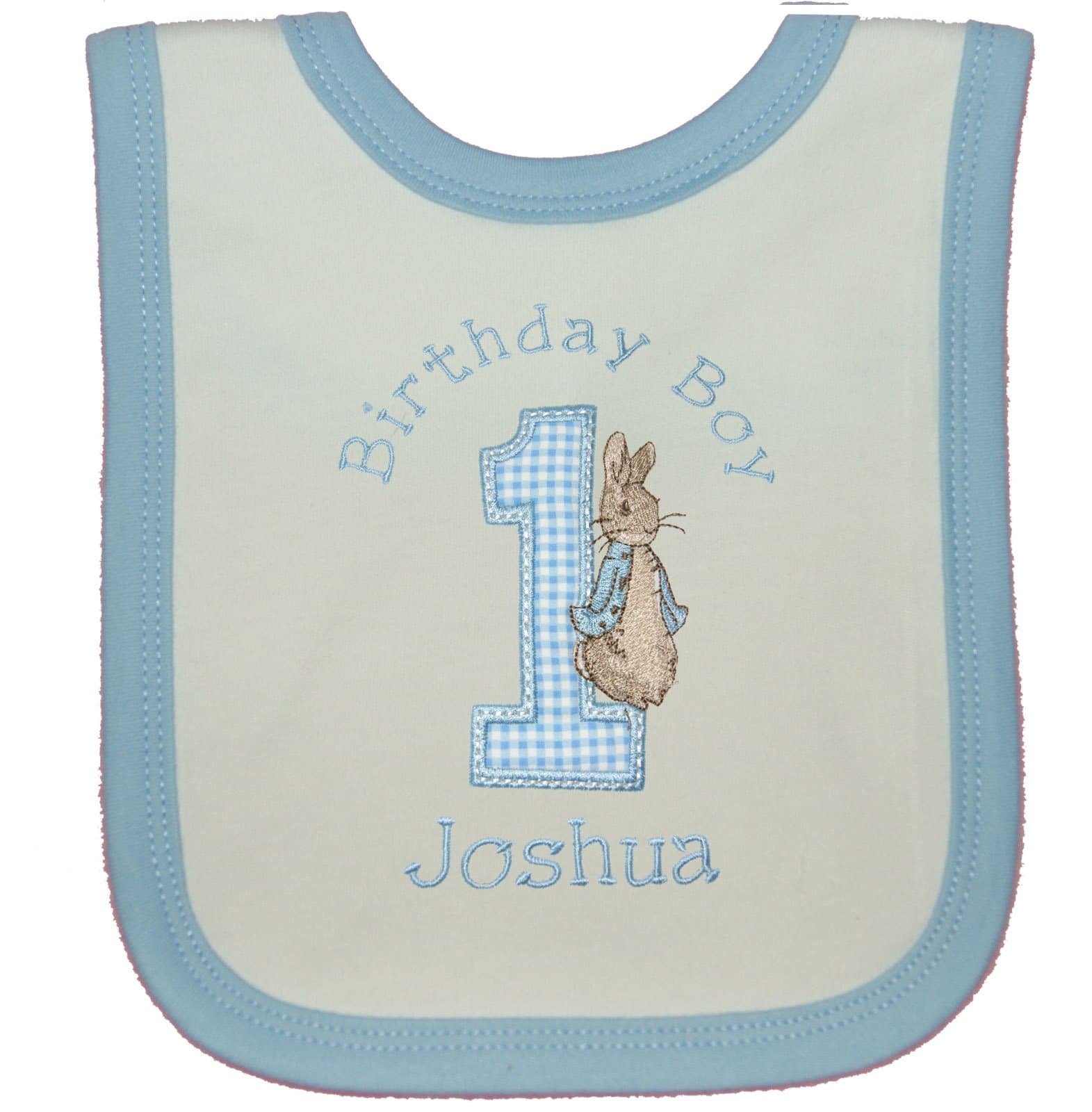 Boy?s Peter The Rabbit Personalised 1st Birthday Bib (Cake Smash). (White with Blue Trim)