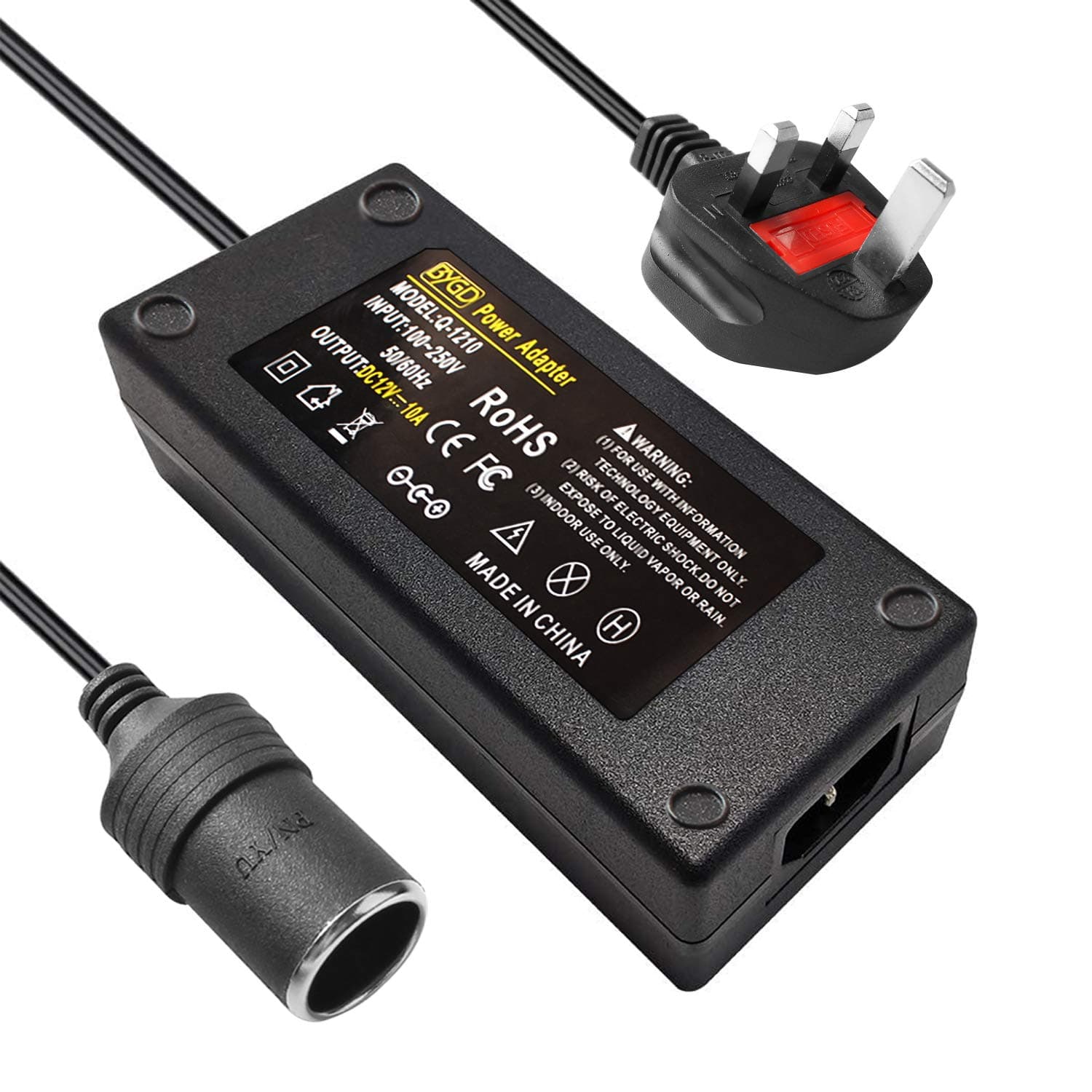 BYGD AC to DC Converter, 100V ~ 240V to 12V 10A 120W, Car Cigarette Lighter Socket AC/DC Power Supply Adapter Transformer for Tire Inflator, Refrigerator, Vacuum Cleaner and Other Devices