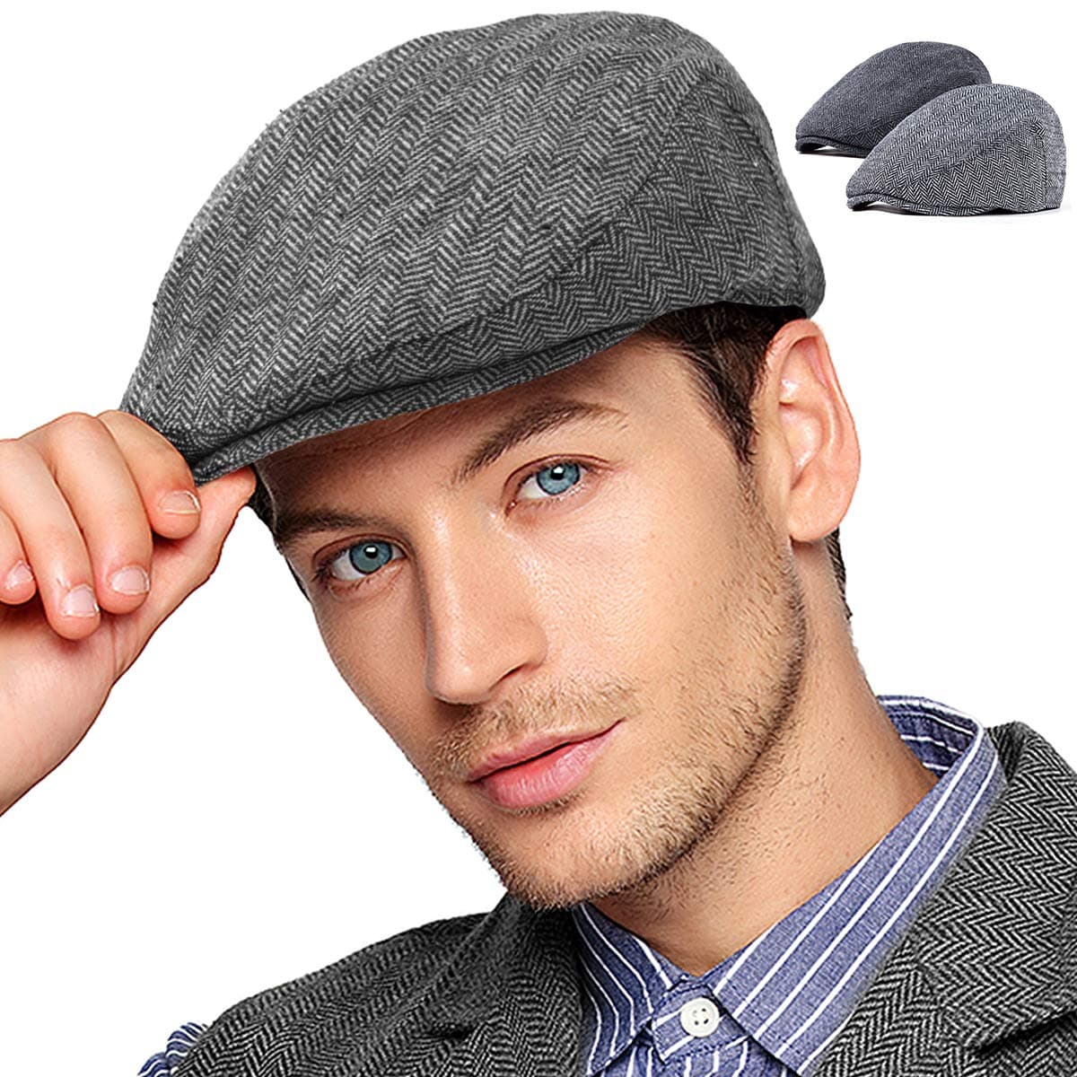 2Pack Adjustable Newsboy Hats for Men Flat Cap Irish Cabbie Wool Blend Tweed