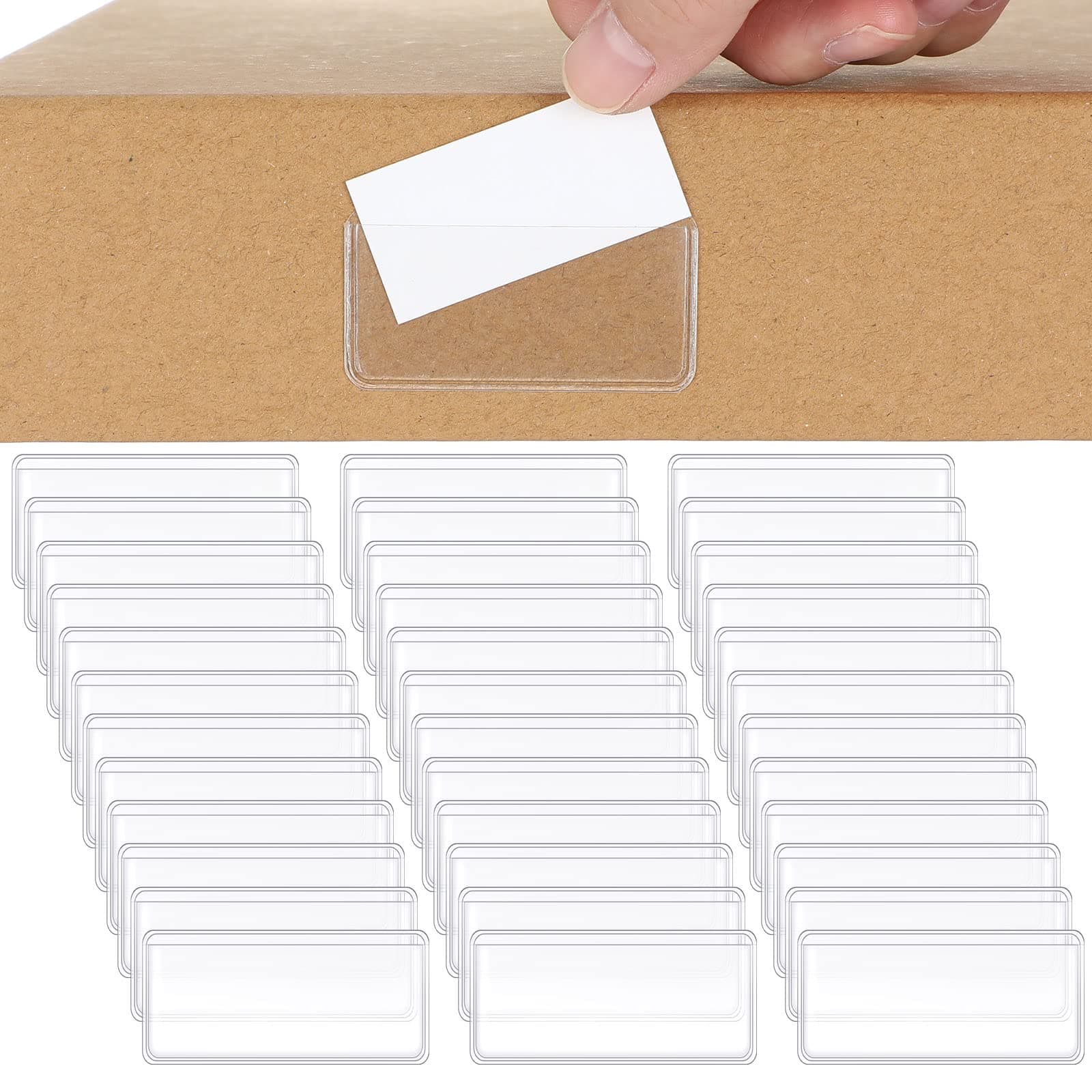 Jeyiour 100 Pcs Label Holders Adhesive Nameplate Pockets Storage Bin Labels Index Card Holder Shelf Plastic Peel Stick for Classroom Supermarket Bookshelf Library Student Box Drawer (2 x 1 Inch)