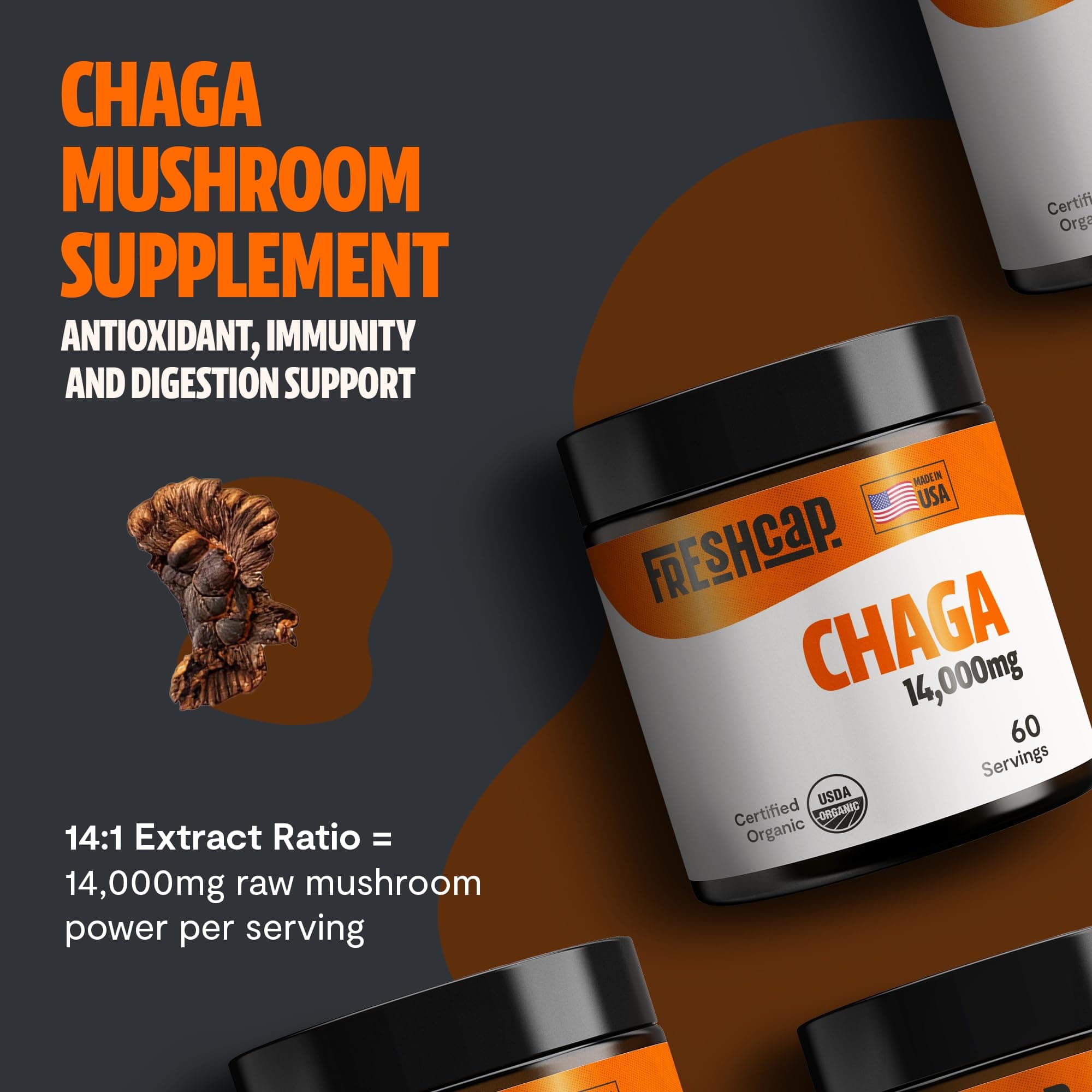 FreshCap Mushrooms Chaga Organic Extract Powder - Ayurveda Antioxidant, Digestive Health, Immune Support Supplement - Vegan, Pure Fruiting Body Extract - Add to Coffee/Tea/Smoothies - 2.1 Ounces