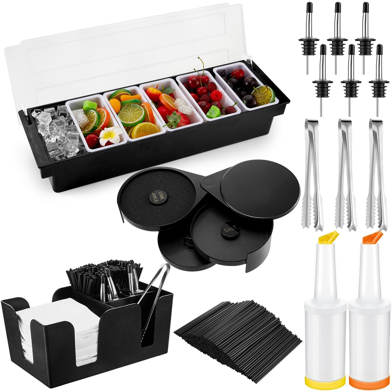 Mifoci Bartending Supplies 6 Compartments Garnish Tray with Lid Bar Caddy 3 Tier Glass Rimmer Stainless Steel Bottle Pourers Juice Pouring Cocktail Tools Plastic Serving Accessories